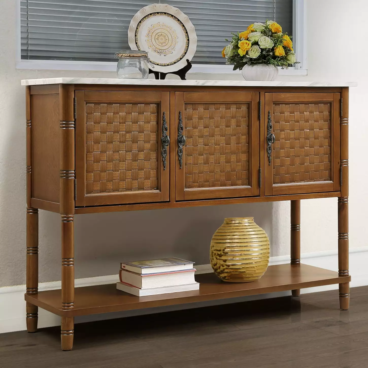Rustic 47 Inch Entryway Table Oak Finish and Artificial Stone-Like Top - Farmhouse Modern Console Table Console HATNOKIL
