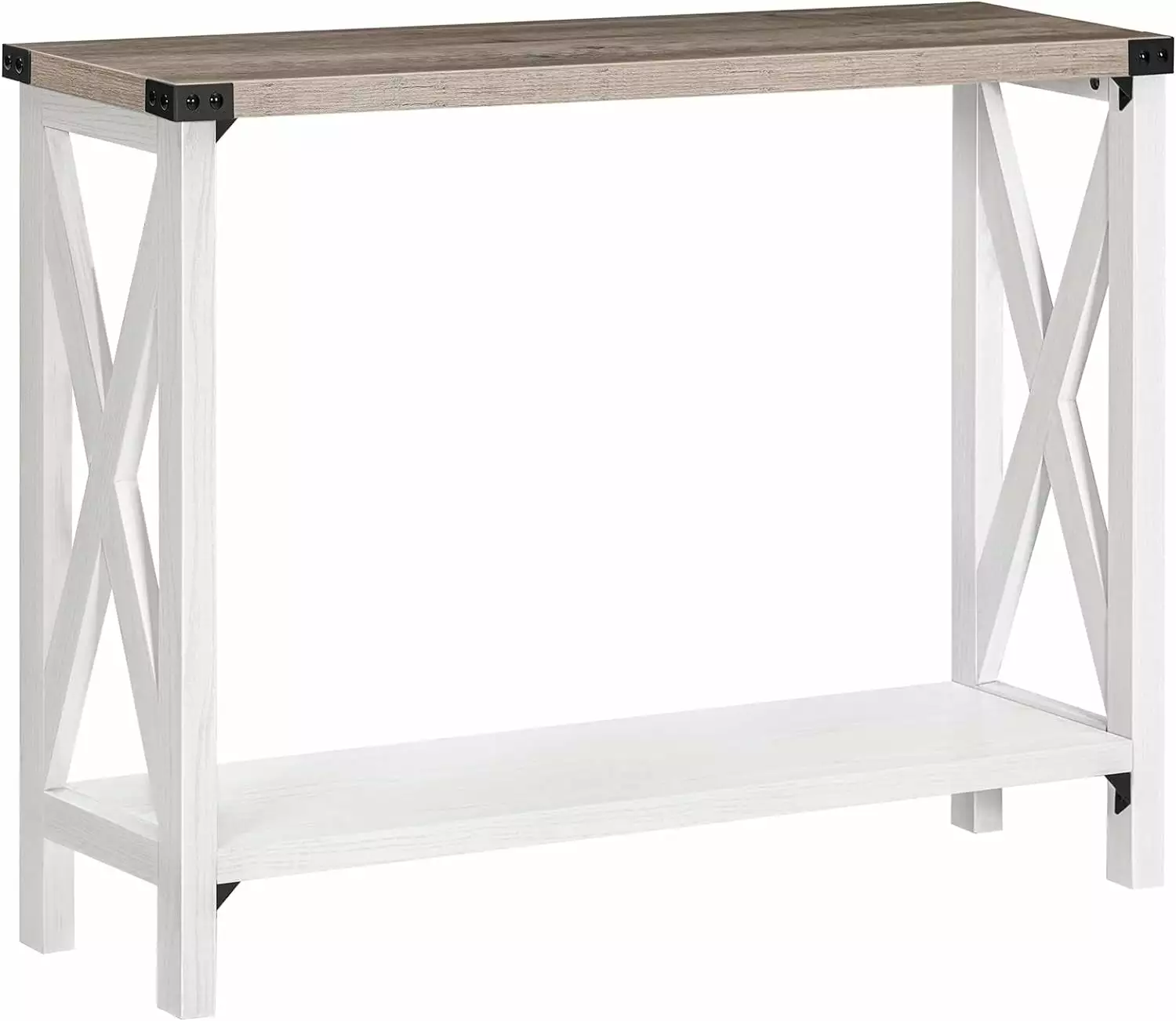 LARMNEE Farmhouse White and Gray Narrow Console Table 2 Open Shelves Console HOOBRO