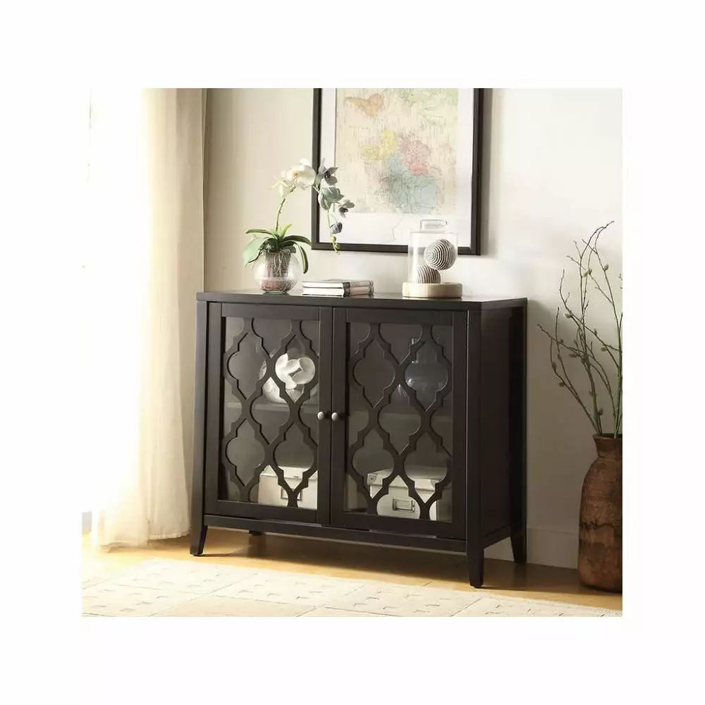 Farmhouse Black Console Table 2 Glass Doors and Shelf Sofa Table Storage Cabinet Console INCLAKE