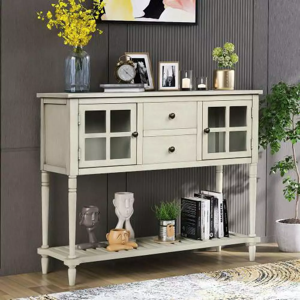 JINS&VICO Farmhouse Antique Grey Wood Glass Console Table Bottom Shelf Console JINS & VICO