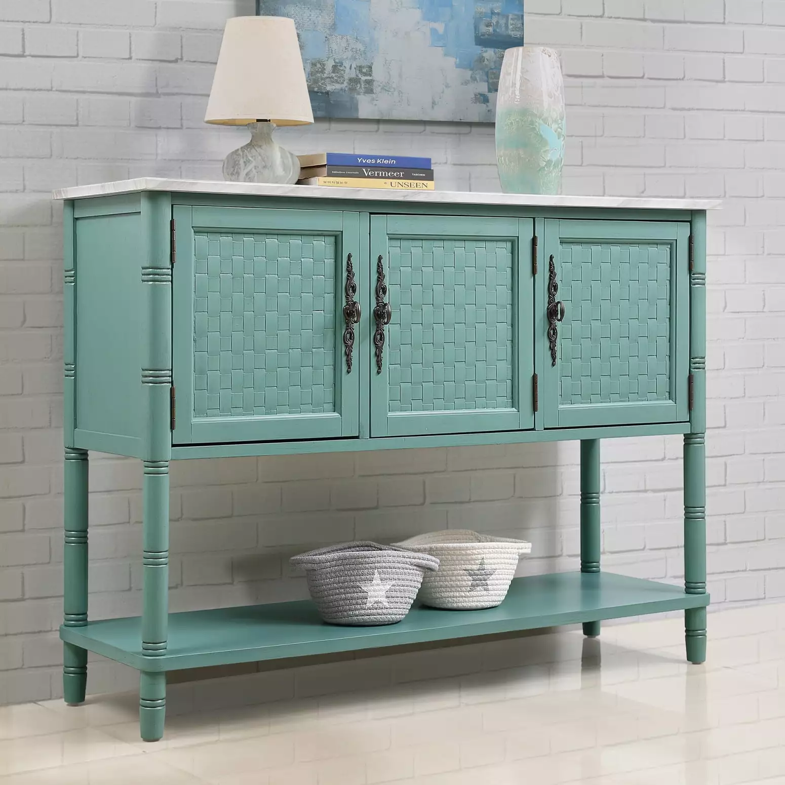 47 Inch Entryway Table Vibrant Green Artificial Stone-Like Top - Chic Farmhouse Modern Console Table Console Wodine