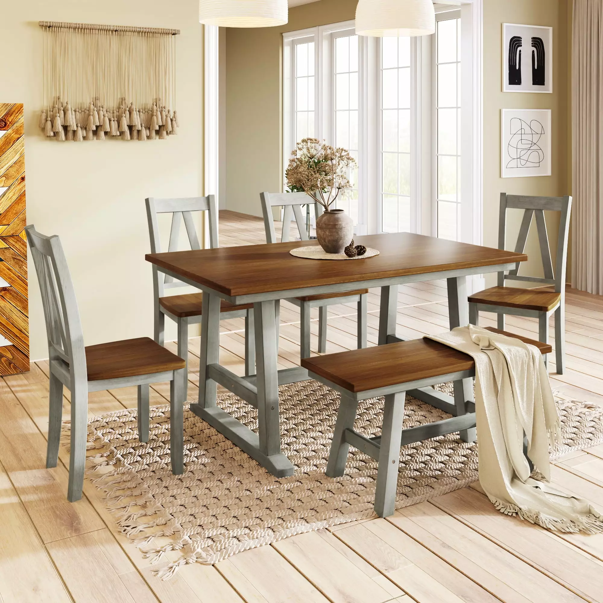 Versatile 6-Piece Dining Set Soft Gray Farmhouse Style Bench and Chairs Benches LMing