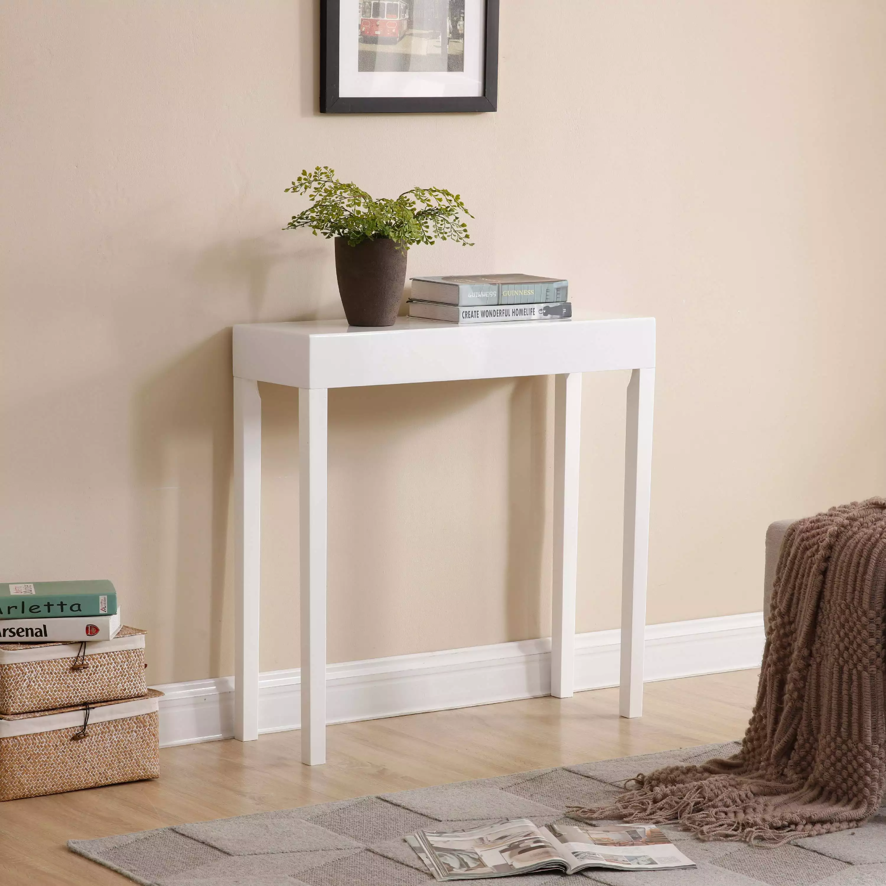 AC Pacific Amy Wood Console Table White Finish Entryway or Hallway Console