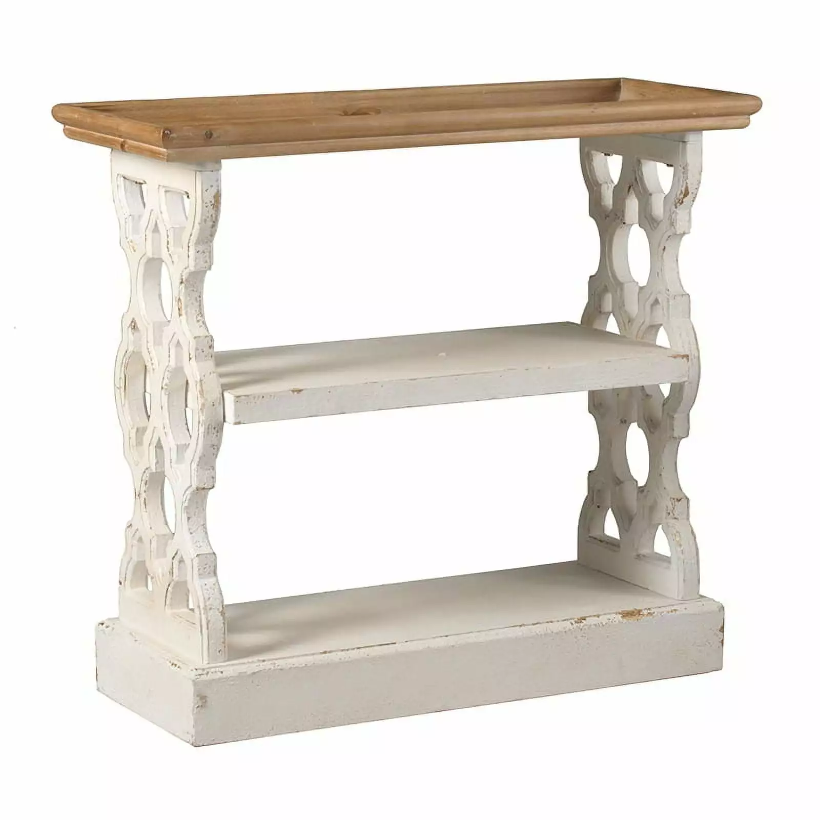 CoSoTower 35.5 X 14 X 32 Distressed White and Natural Wood Shelf Tray - French Country Console Table Console