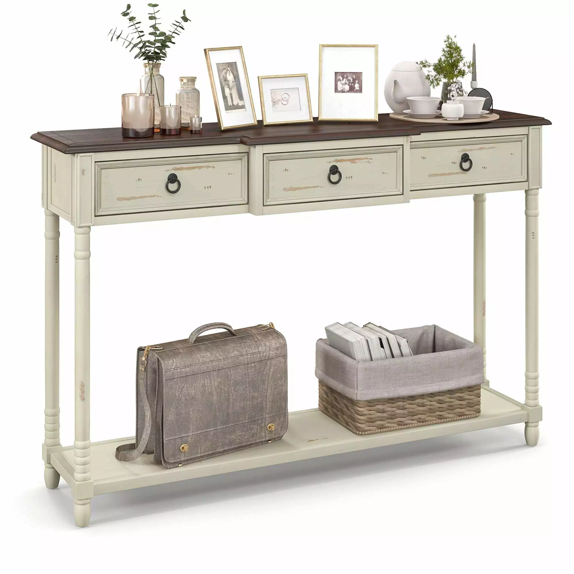 Costway Farmhouse Console Table Entryway Sideboard 3 Drawers & Open Storage Shelf - Rustic Living Room Furniture Console