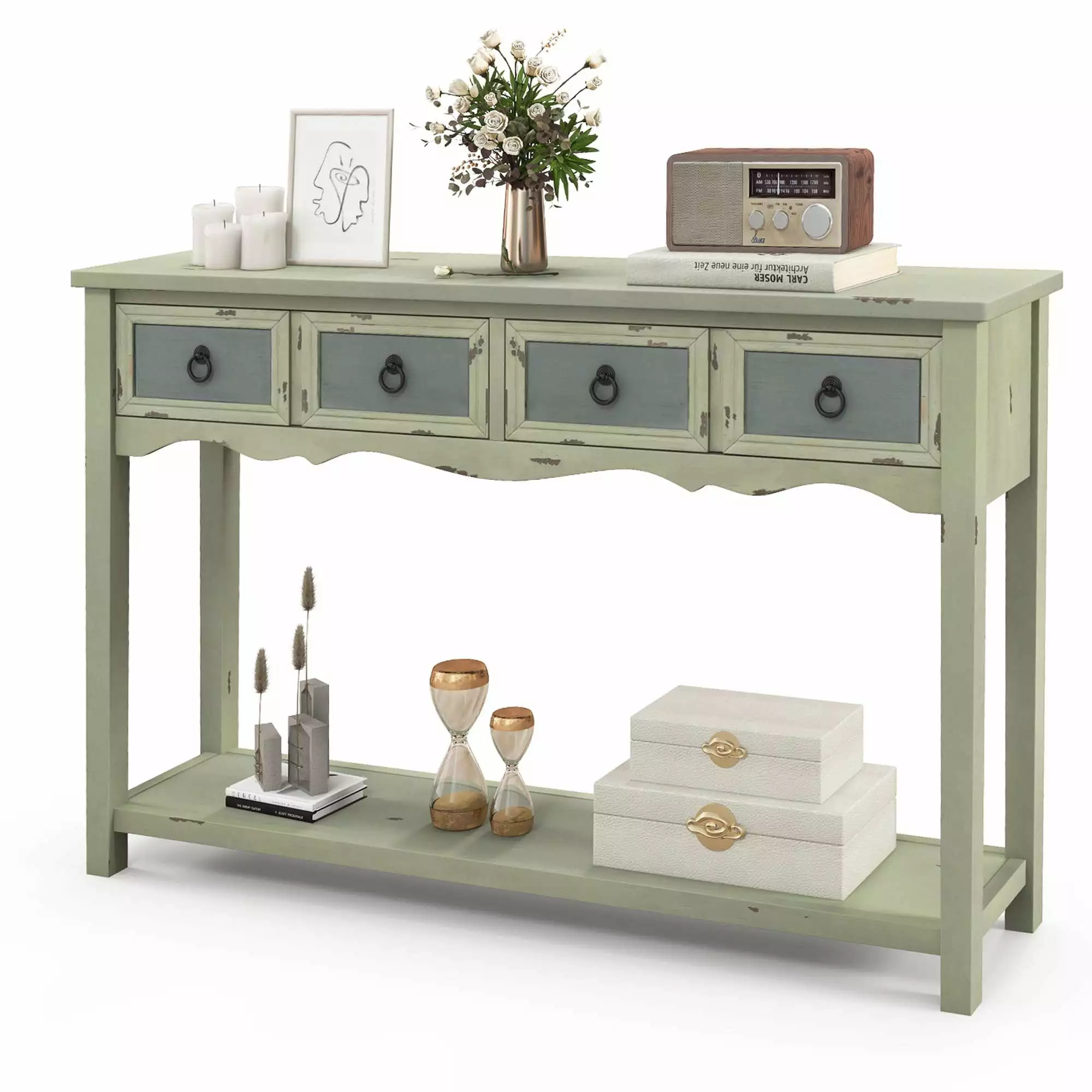 Costway 48 Inch Farmhouse Console Table 2 Drawers and Open Storage Shelf Entryway Console