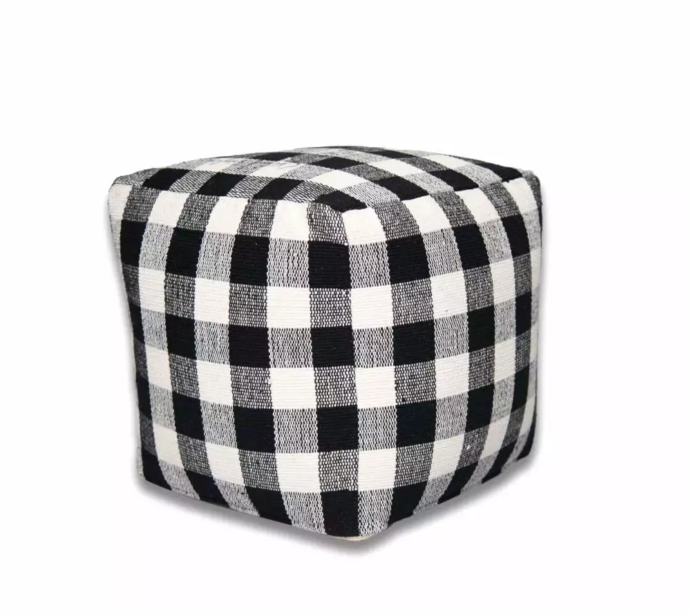 Black White Gingham Check Farmhouse Pouf Ottoman 16x16x16 Living Room Cottonwood Collection