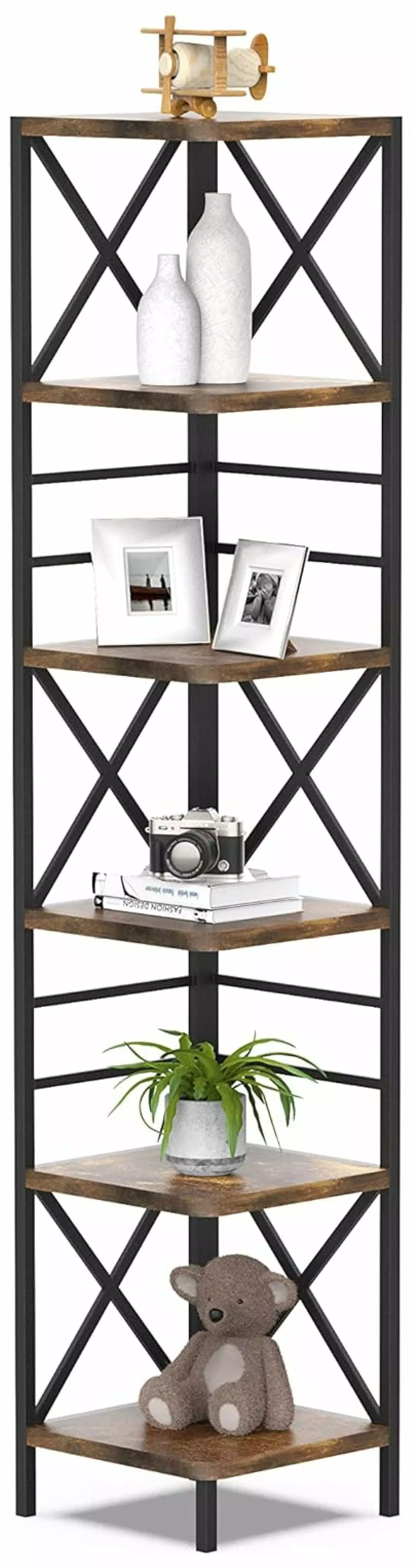 Drevy Corner Bookshelf 6 Shelf Bookcase Farmhouse Book Shelves Century Vintage L Shaped Bookshelf Rustic Brown