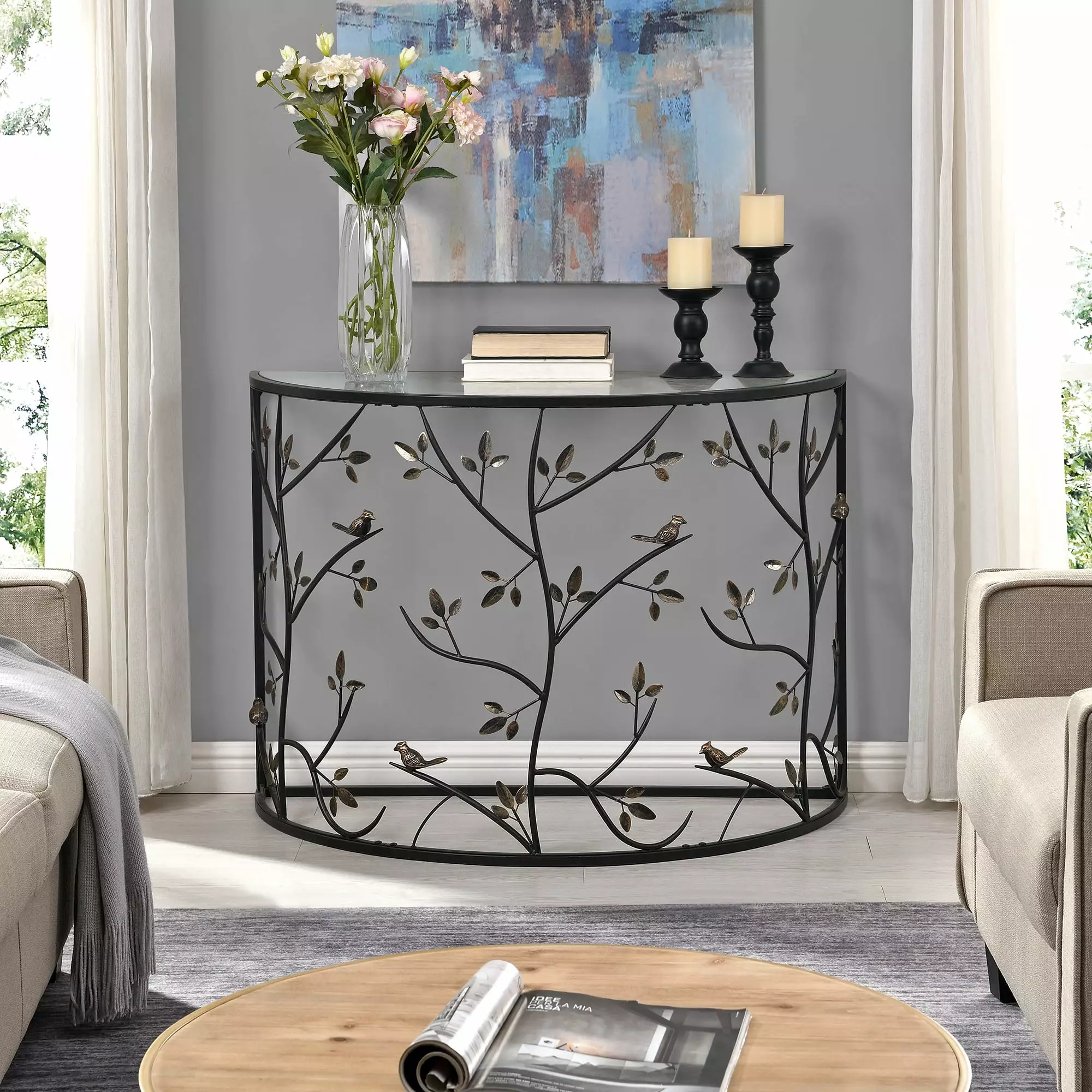 FirsTime & Co Bronze Wren And Branches Console Table Farmhouse Antiqued Round Metal Entryway Table Console