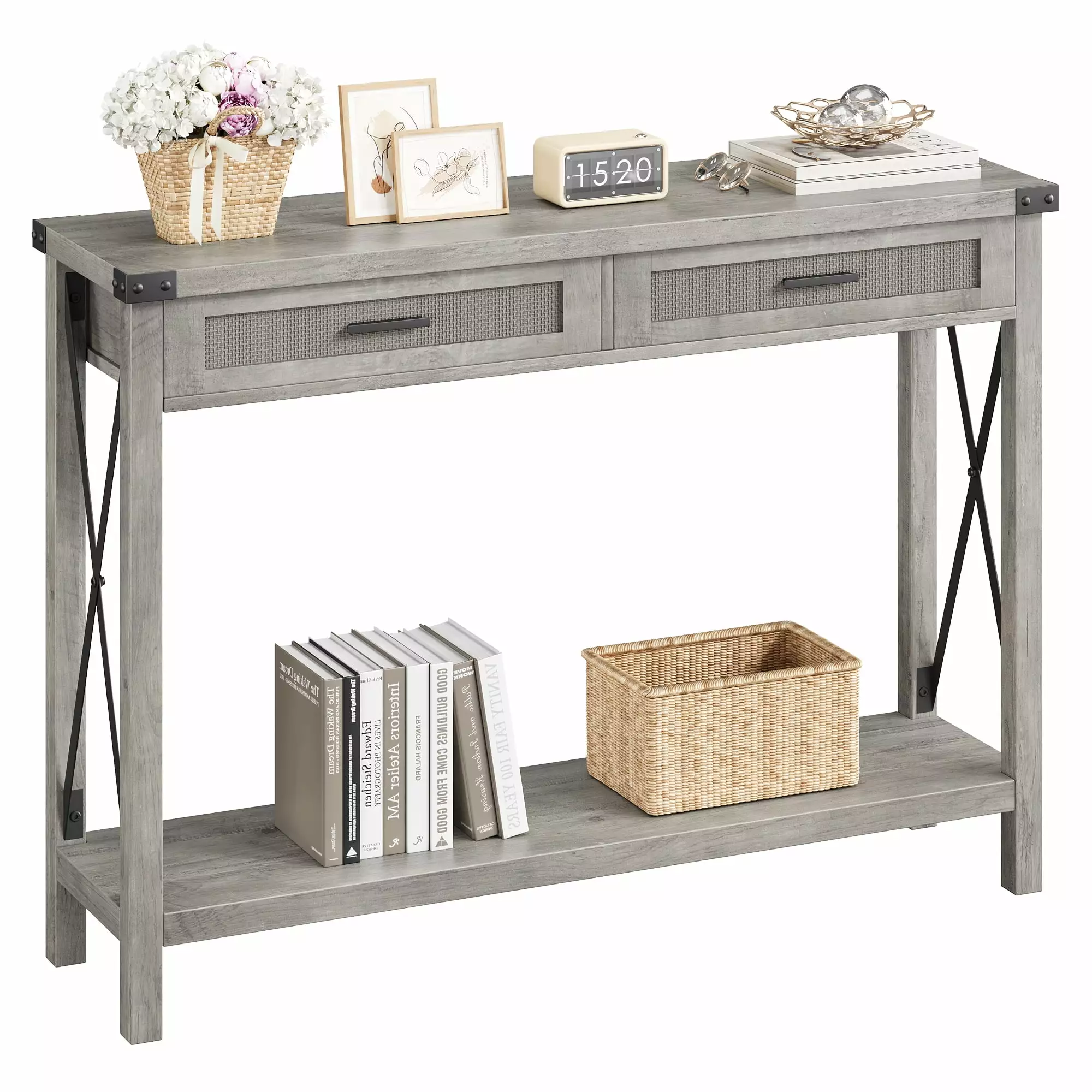 Farmhouse Grey Console Table Rattan Drawers 43 Sofa Table Entryway Console Jojoka