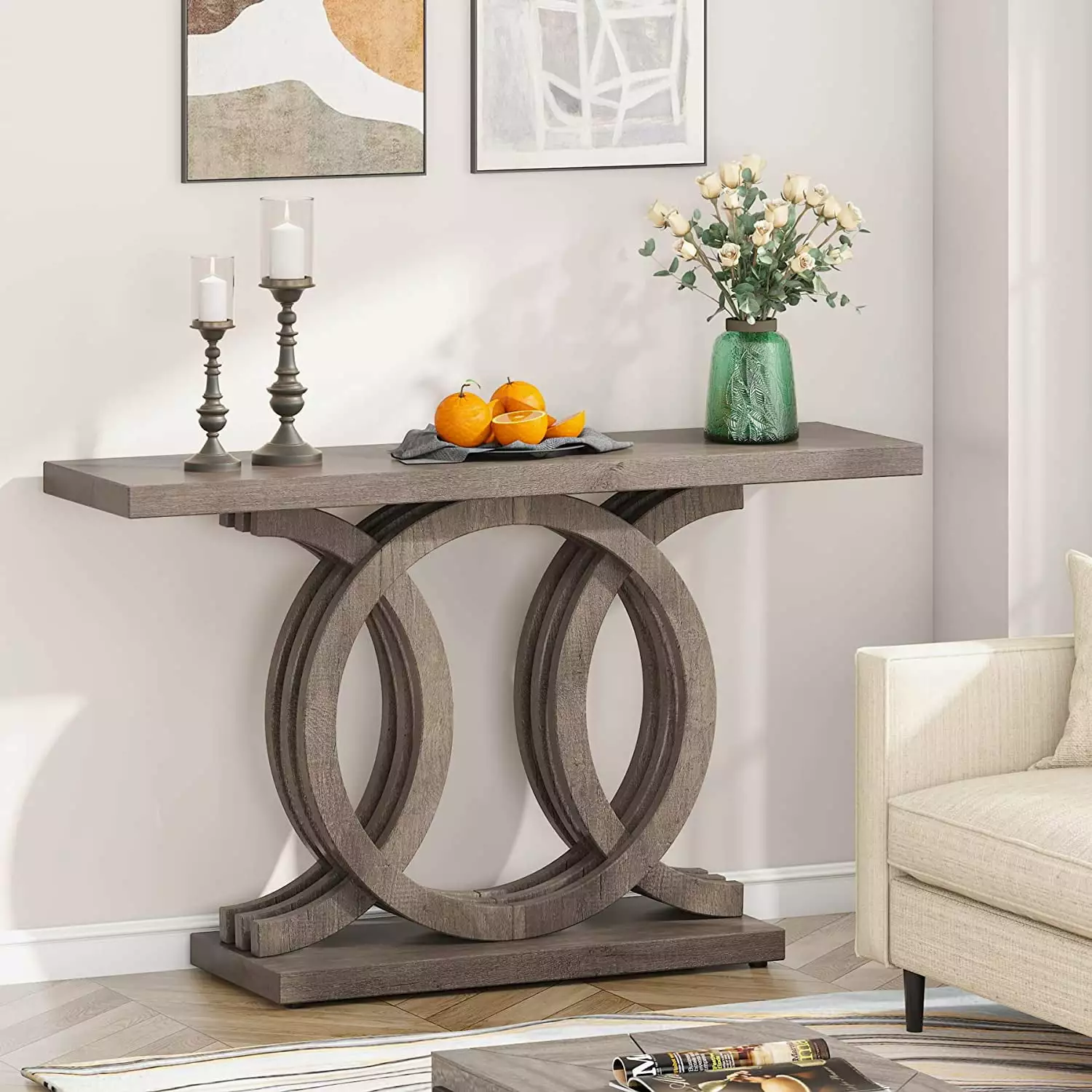 Tribesigns 55 Inch Farmhouse Console Table Unique Base Hallway Entryway and Sofa Decoration Console