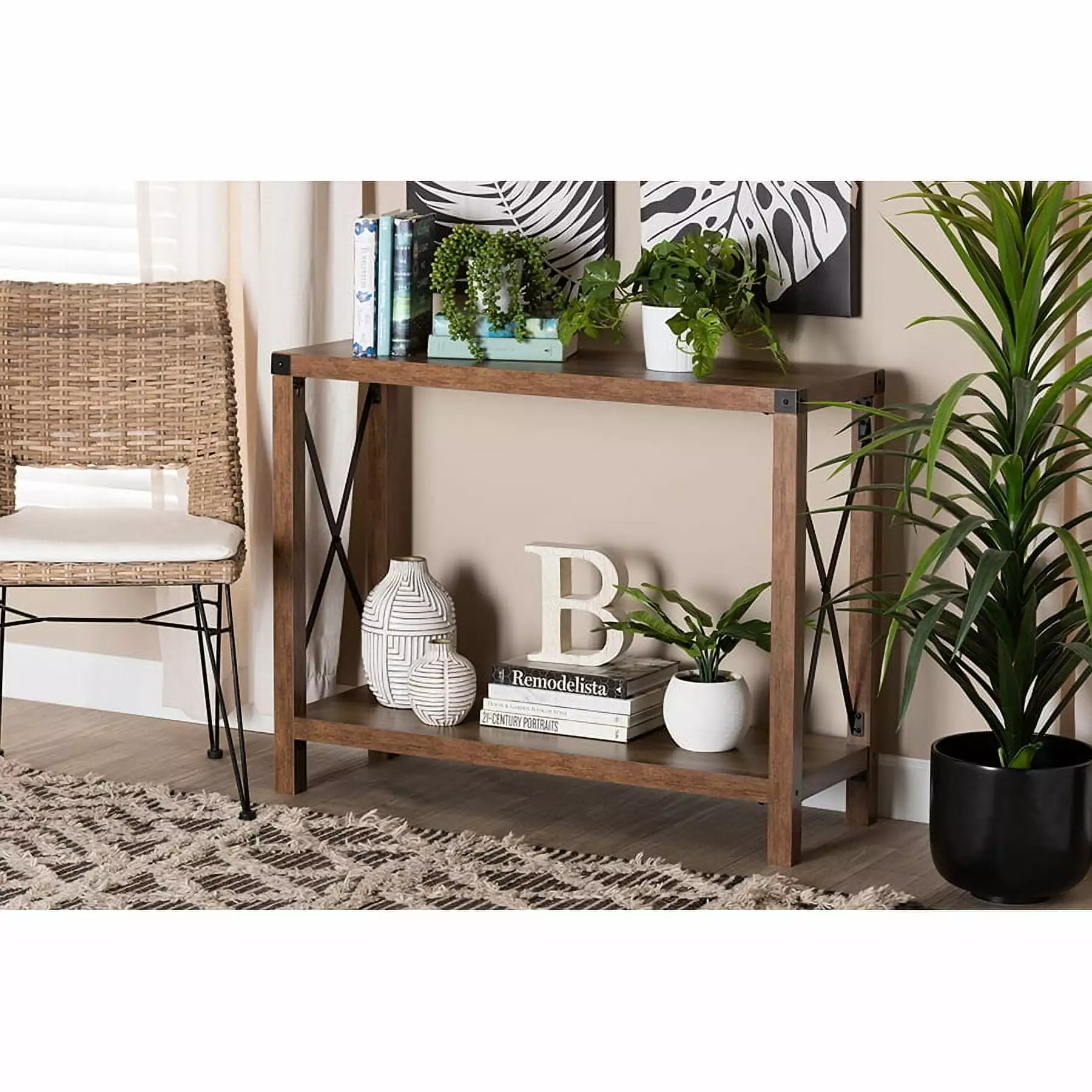Baxton Studio Rumi Modern Farmhouse Console Table Natural Brown Wood and Black Metal Console Wholesale Interiors
