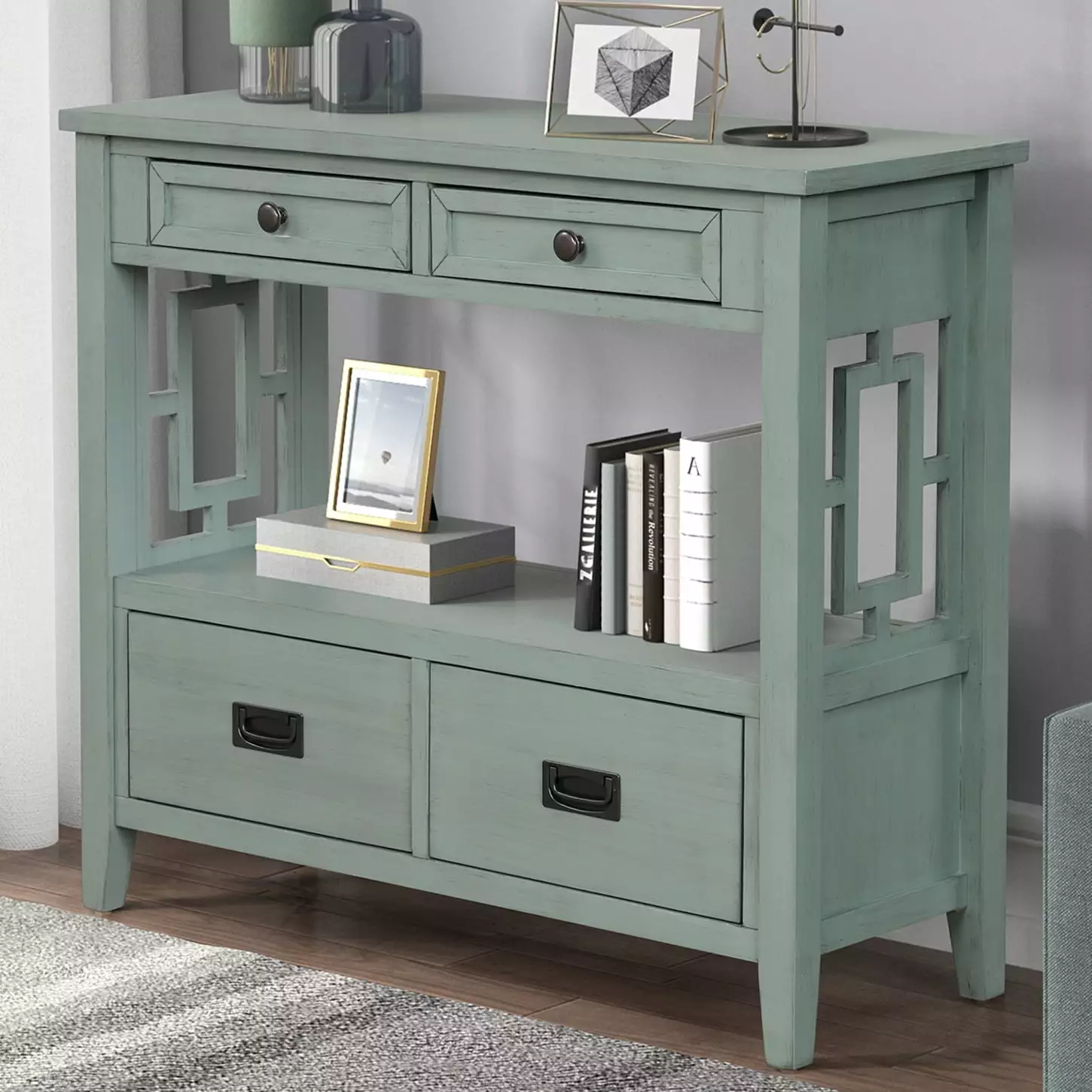 Chic 36 Inch Green Pine Wood Farmhouse Console Table 4 Drawers and Open Shelf Console HATNOKIL