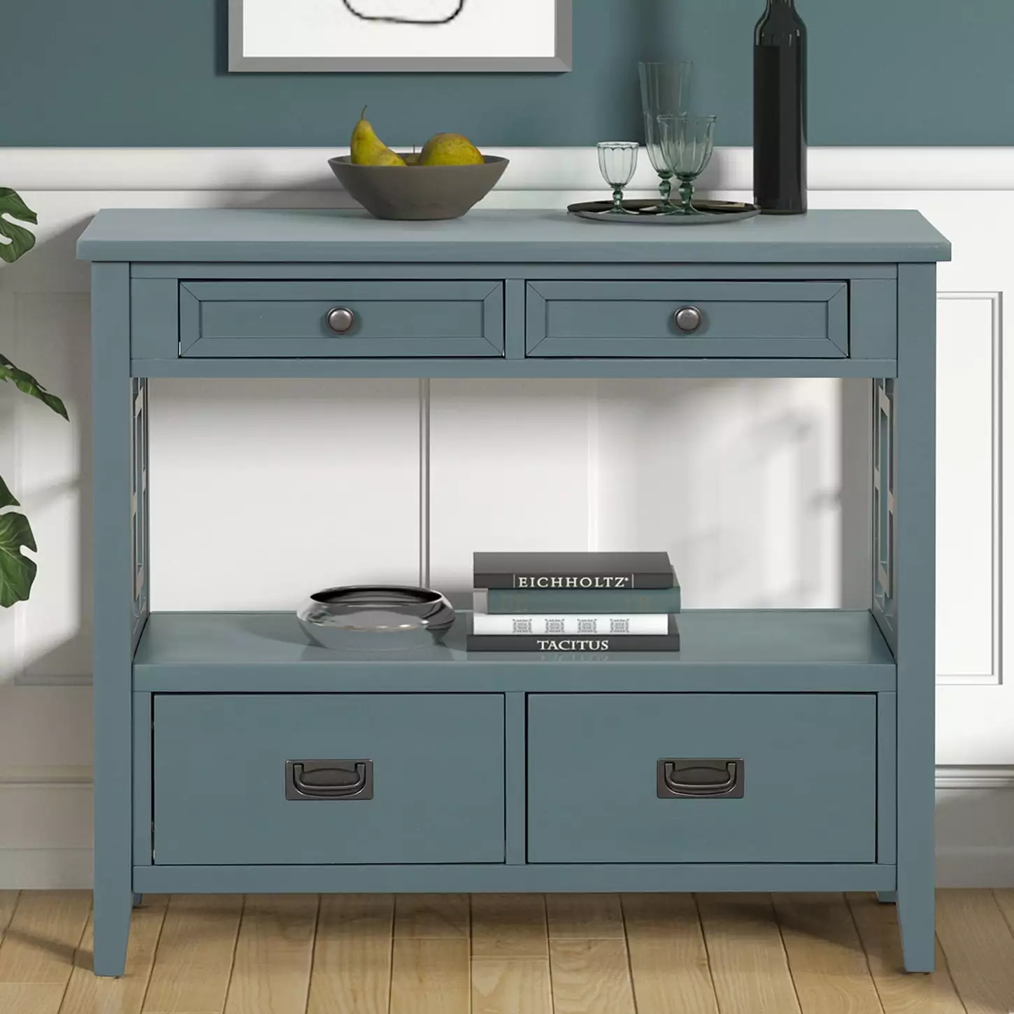 Elegant Blue Farmhouse Pine Wood Console Table 4 Drawers and Storage Shelf Console HATNOKIL