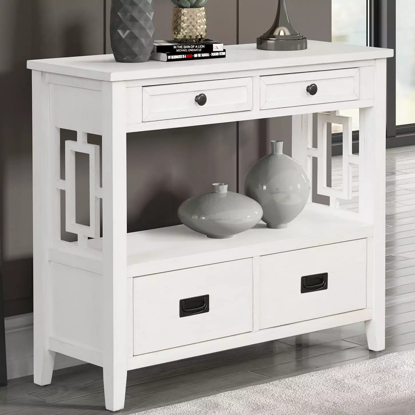 36 Inch Antique White Pine Wood Farmhouse Console Table 4 Drawers and Storage Shelf Console HATNOKIL