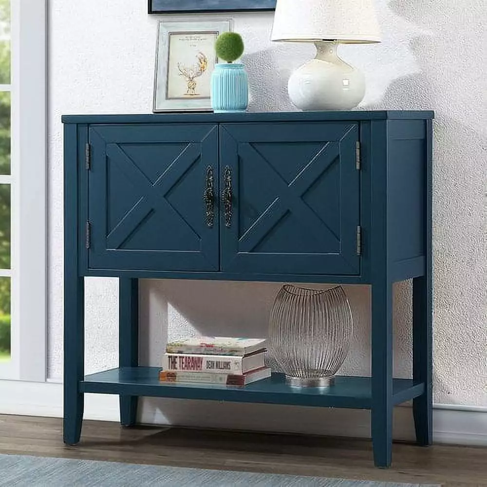35 Inch Farmhouse Wood Buffet Sideboard Console Table Cabinet Navy Blue Console Onuobao