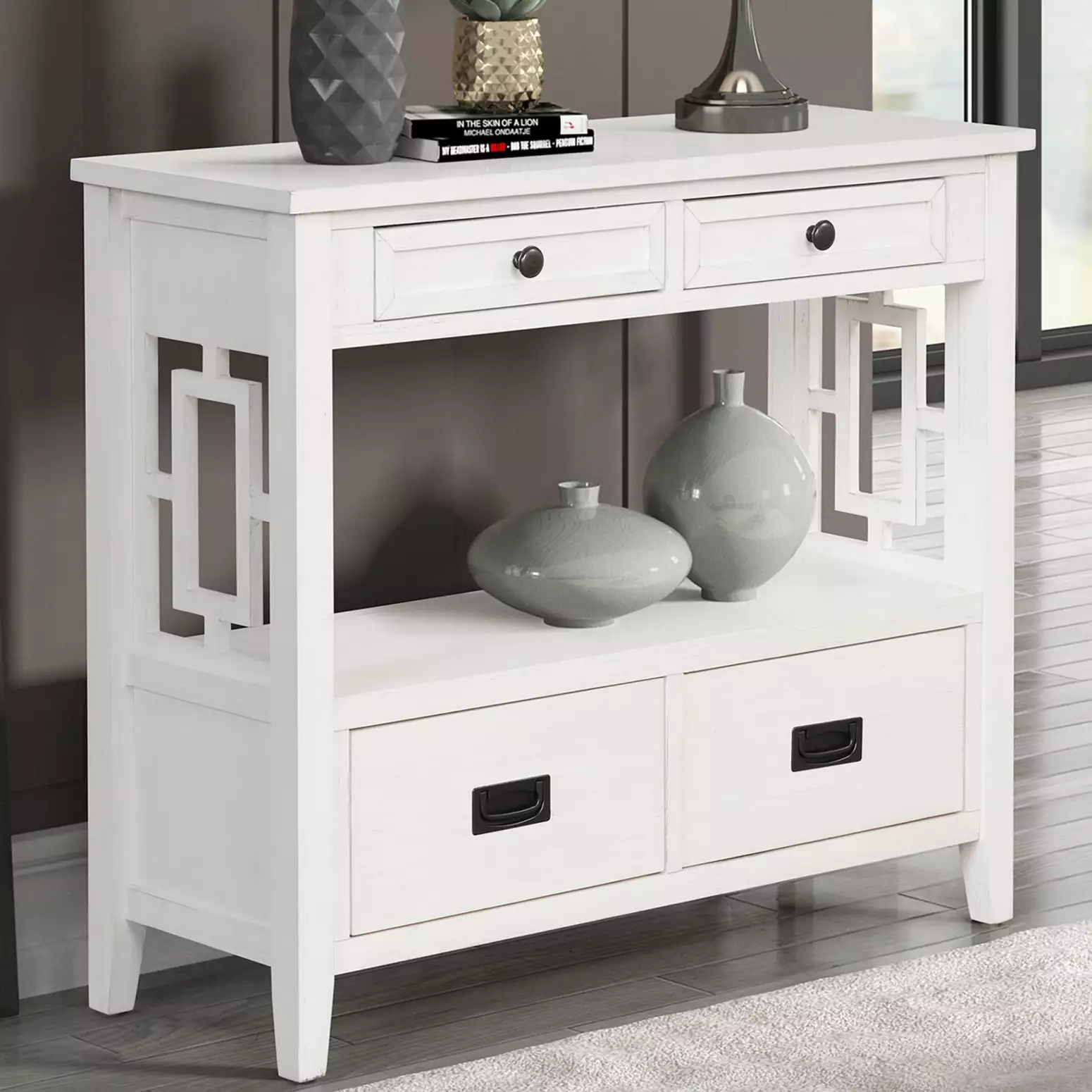 36 Inch Antique White Farmhouse Pine Wood Console Table 4 Drawers and Storage Shelf Console Ponnky