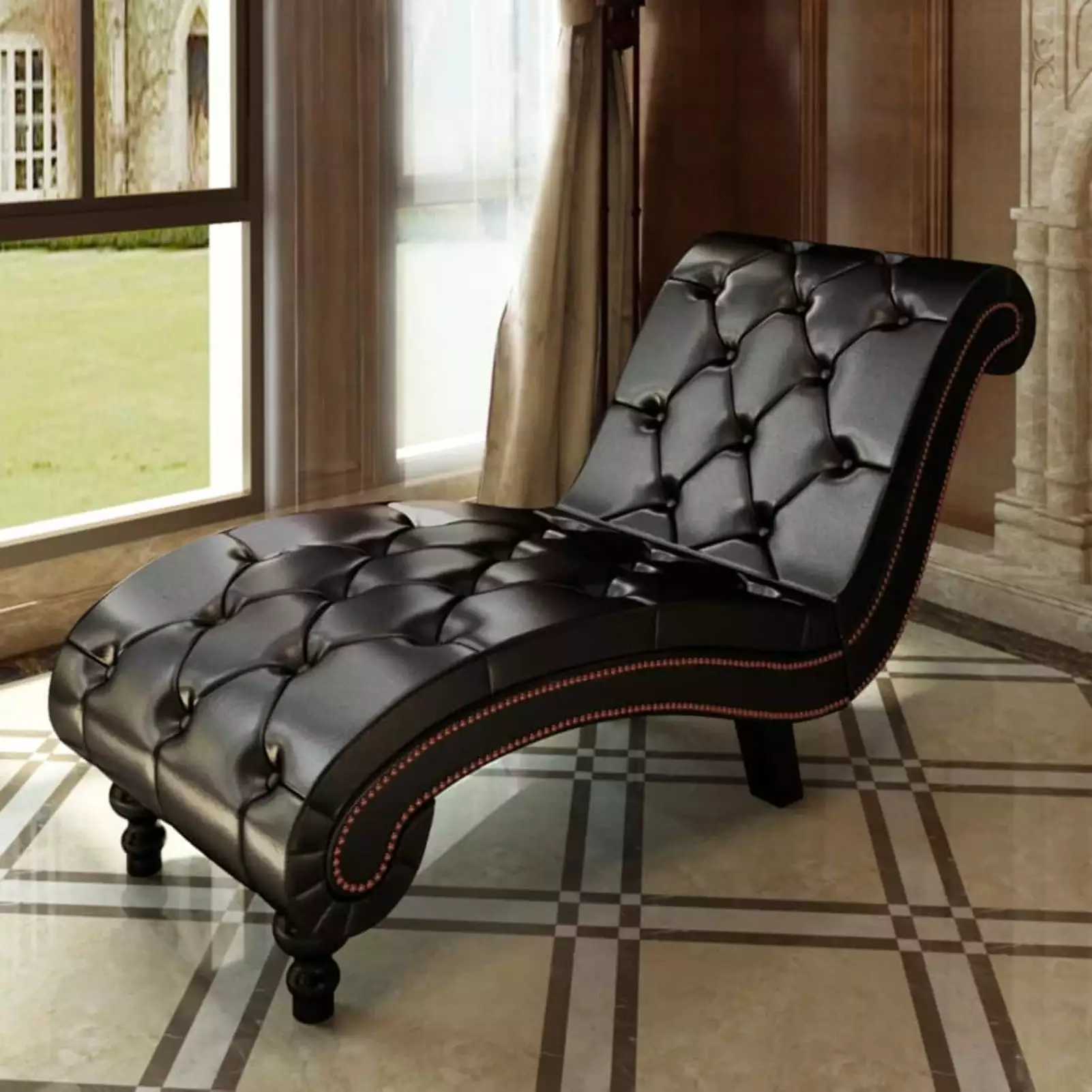 Dcenta Chaise Longue Brown Faux Leather Stylish Modern Design Living Room Chaise