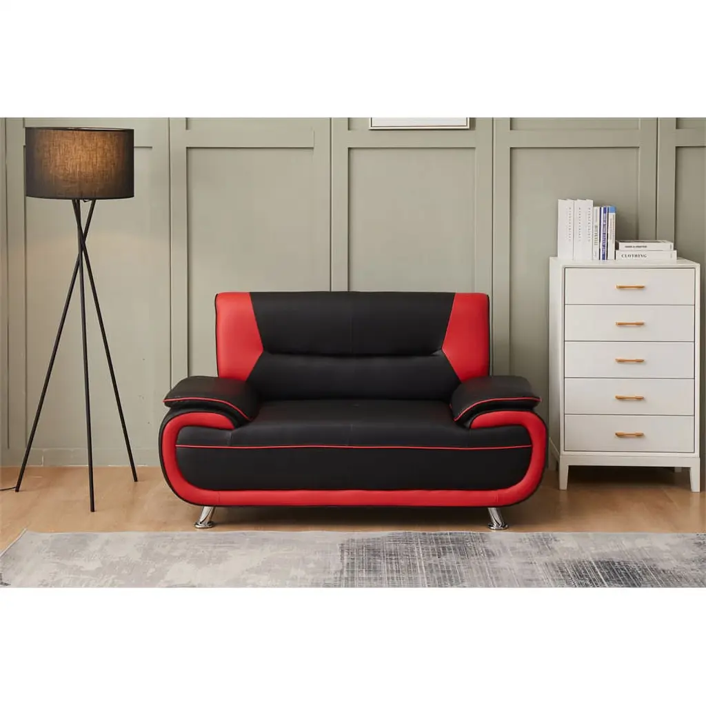Pemberly Row Modern Faux Leather Livingroom Loveseat BlackRed