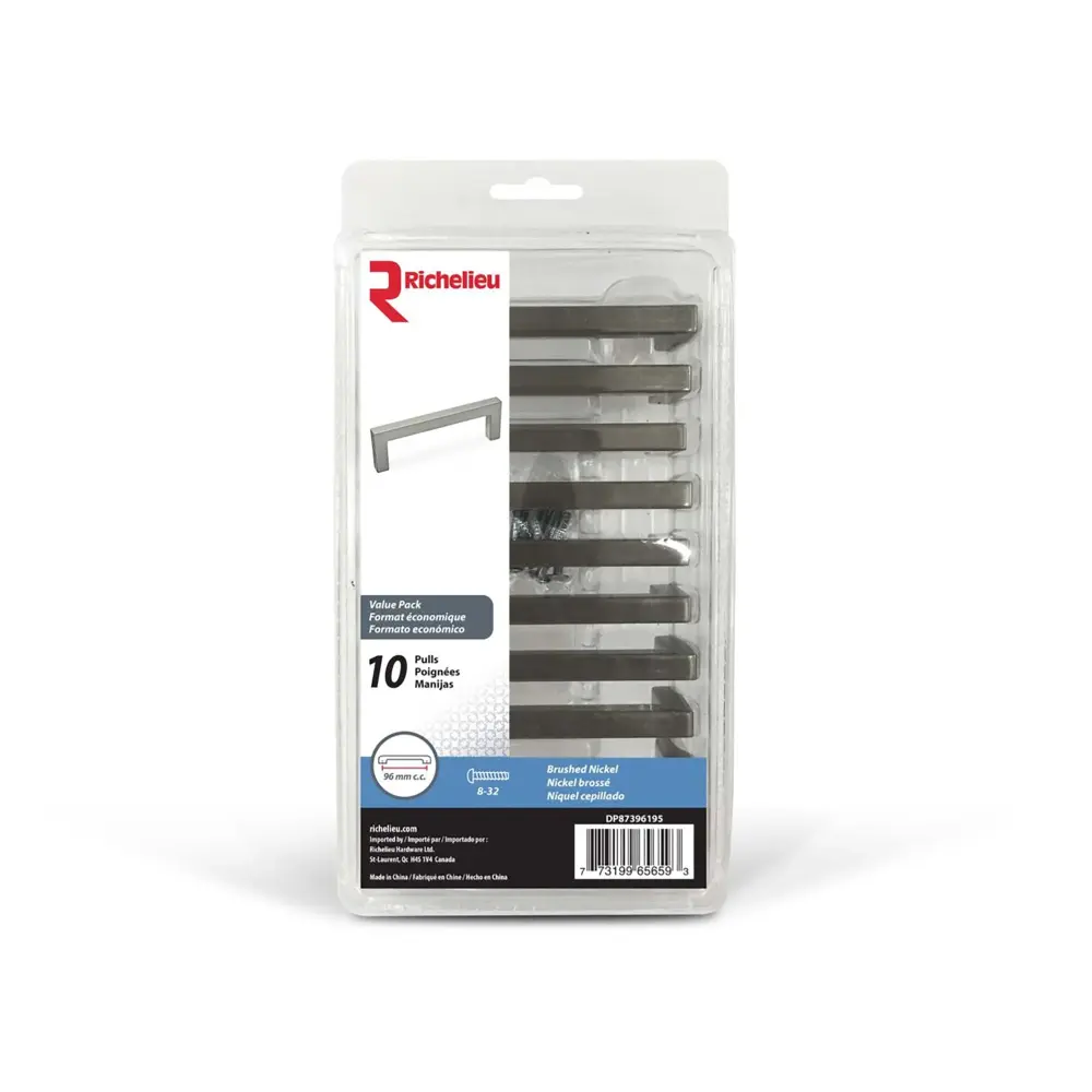 Pack 10 Contemporary # 873 Brushed Nickel Alloy Pulls, 96 mm C/C