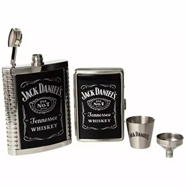 Jack Daniels Leather Inset Stainless Steel 6 Ounce Flask Gift Set Shot Glass and Funnel