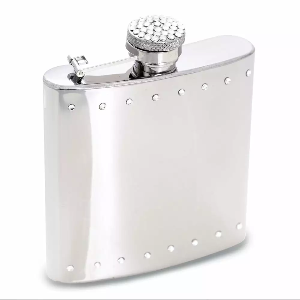 6 Ounce Stainless Steel Crystal Accent Polished Flask Q-GM13388 - Elegant Bar Accessory Liquor Storage