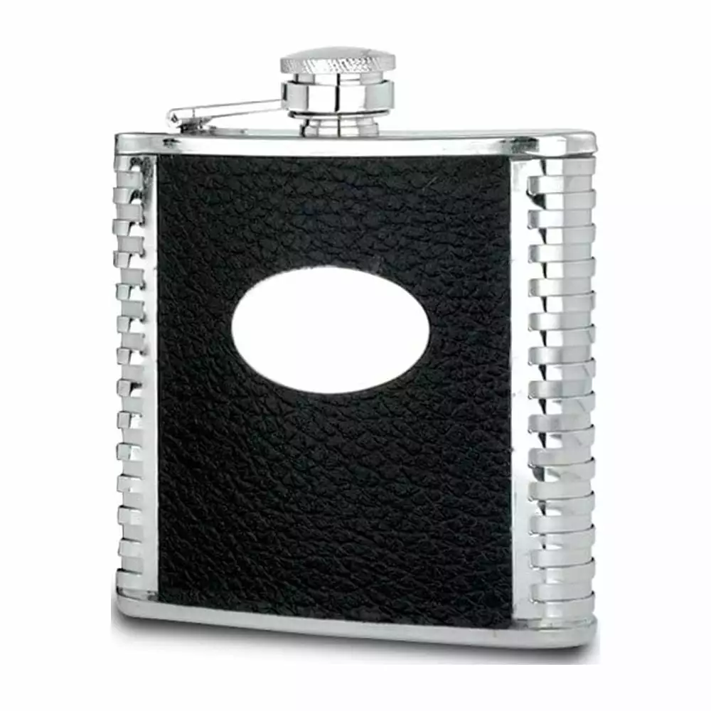 Rebel Steel Black Faux Leather Polished Stainless Steel 6 Ounce Hip Flask Funnel Q-GP2760