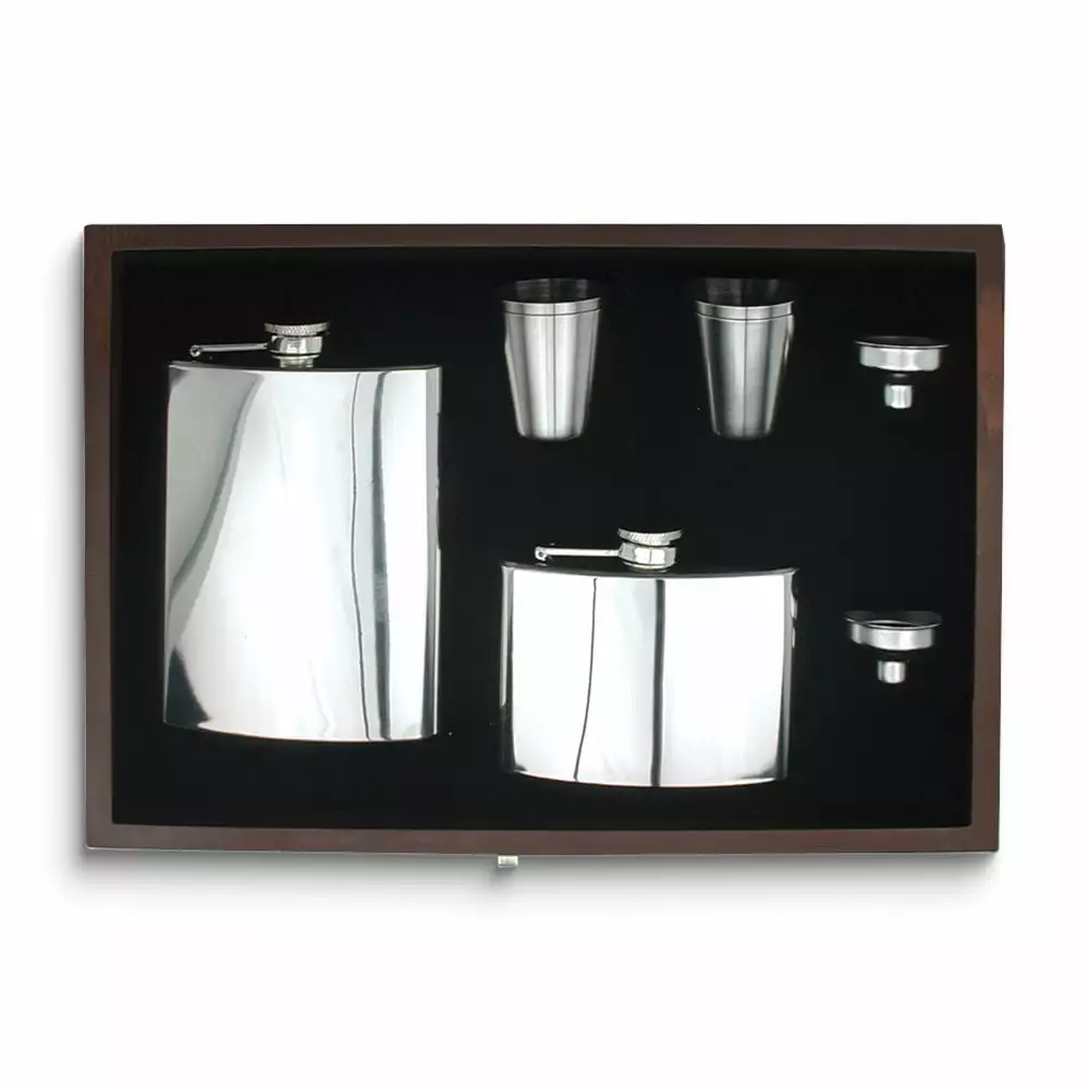 Rebel Steel Polished Stainless Steel Two Flasks Shot Glasses and Funnels Wooden Gift Box