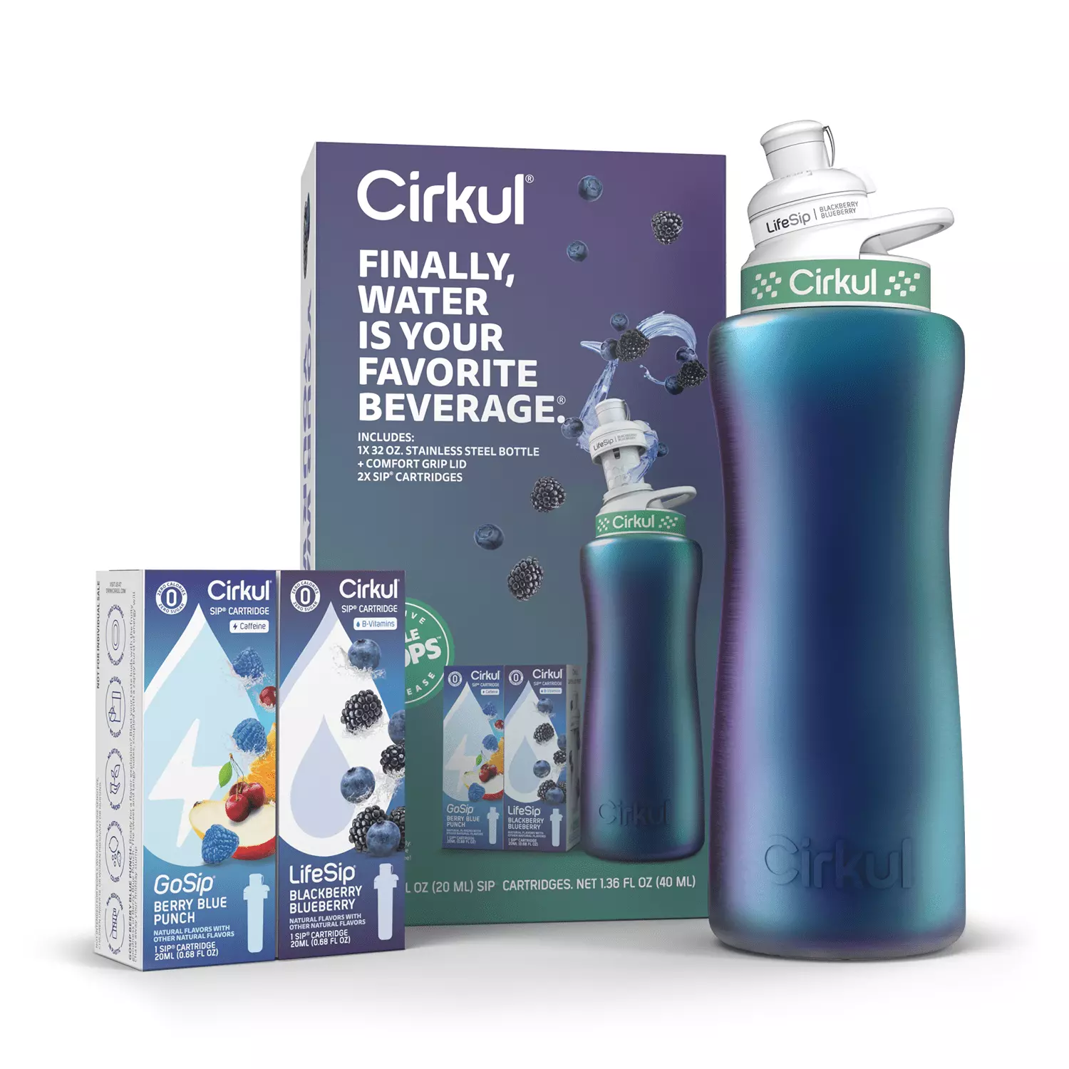 Cirkul 32oz Rose Gold Stainless Steel Water Bottle Starter Kit 2 Flavor Cartridges Strawberry Passion Fruit Dragon Fruit