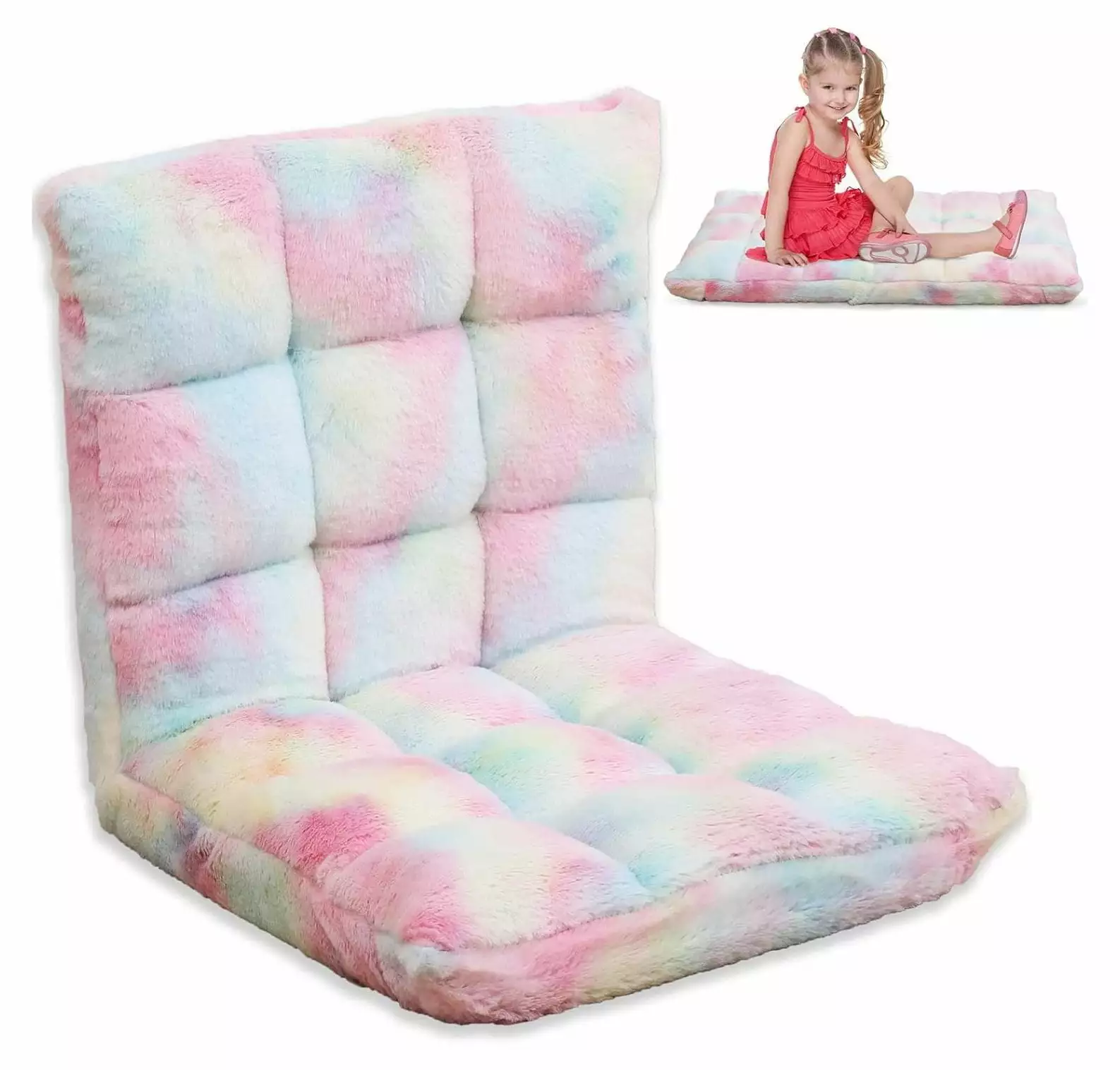 Recline Floor Chair Plush Faux Fur Upholstery 6-Position Gaming Floor Chair Kids Teens Girls Adults Tie Dye Rainbow BULYAXIA