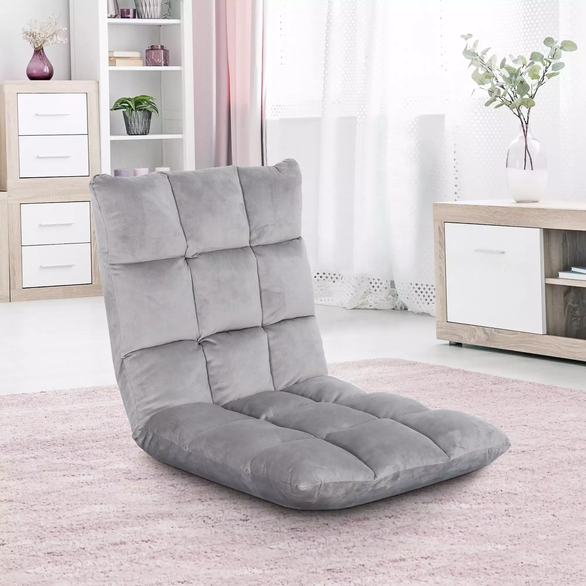 HomGarden 14-Position Adjustable Floor Chair Padded Folding Gaming Sofa Grey 18.5W x 19.3D x 18H