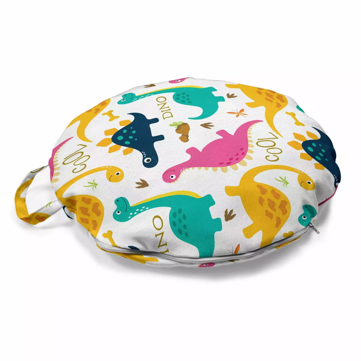Dino Round Floor Cushion Handle Rhythmic Colorful Dinosaurs on Plain Background 18 Round Multicolor Ambesonne