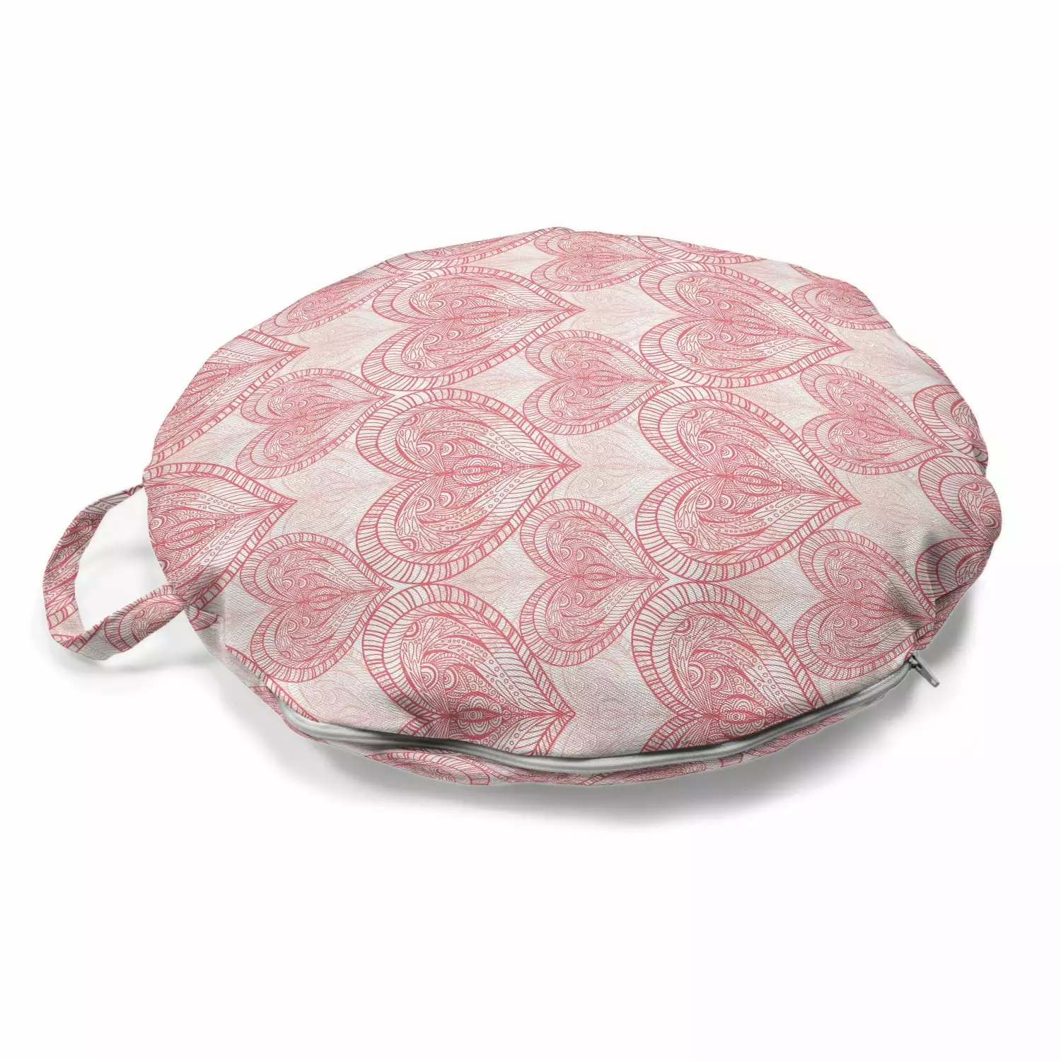 Heart Round Floor Cushion Handle Love Themed Pastel Zentangle Ornament Valentine's Day Romance 18 Round Pastel Pink and Wh...