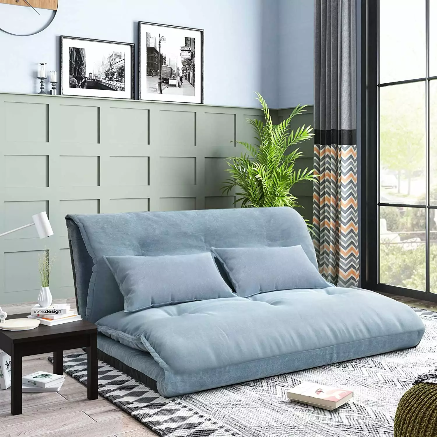 Floor Sofa Adjustable Lazy Sofa Bed - Foldable Mattress Futon Couch Bed 2 Pillows Blue Futons WW