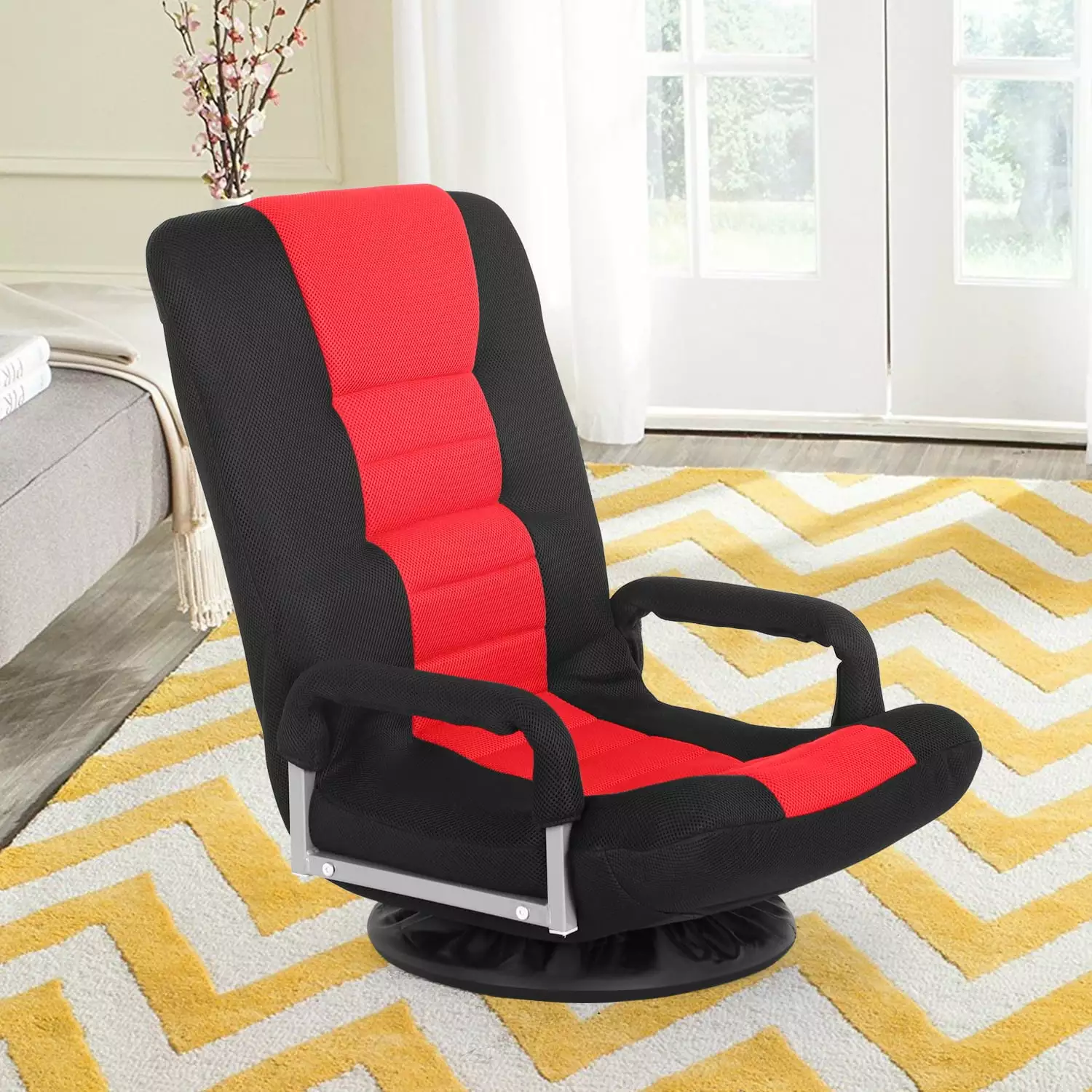 Dkelincs 360-Degree Swivel Gaming Floor Chair Armrest Adjustable Backrest Foldable Lazy Sofa Chair Red