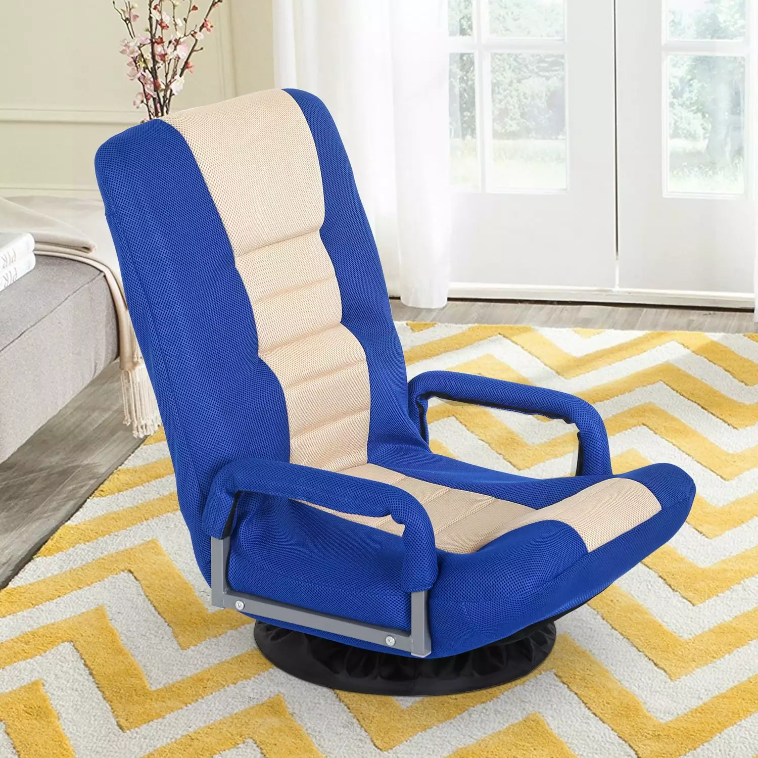 Dkelincs 360-Degree Swivel Gaming Floor Chair Armrest Adjustable Backrest Foldable Lazy Sofa Chair Blue
