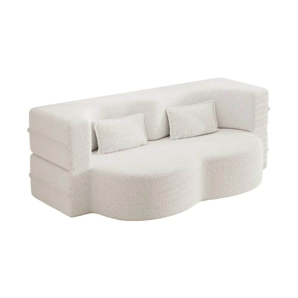 Modern Floor Sofa, 2 Pillows, Convertible Teddy Fabric Foam Filled Bed