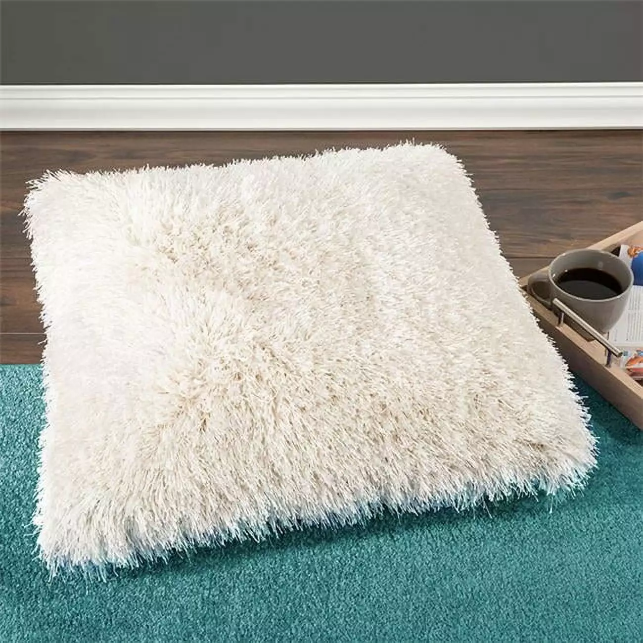 Lavish Home 24 x 24 x 8 Inch Shag Floor Pillow Beige Lavish Homes