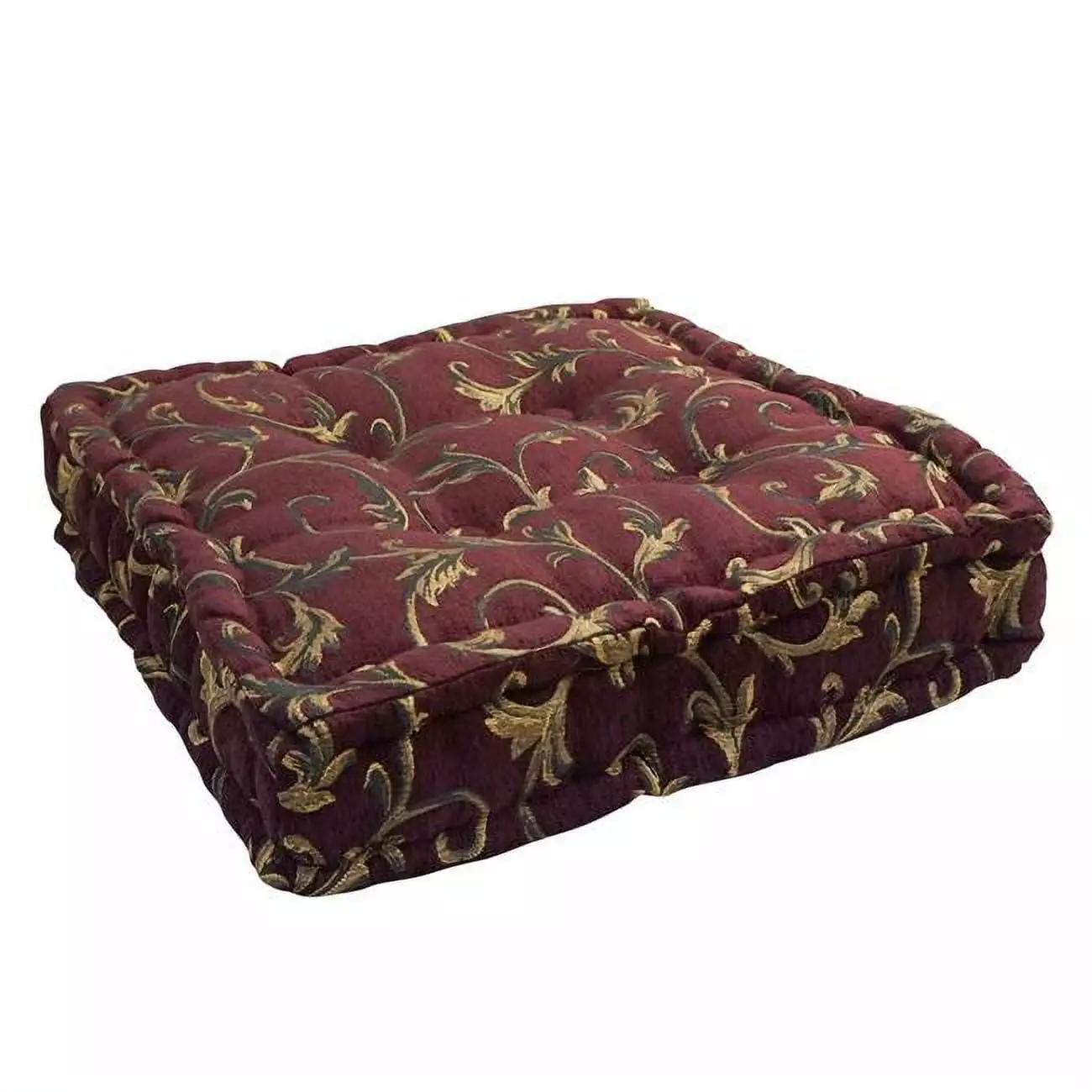 20-inch Square Floor Pillow 4 Buttons - Cotton Welt Cording & Carry Handle, Burgundy Vines Design Pisos