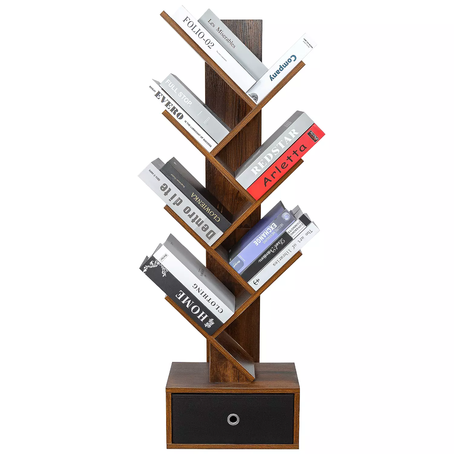 Brown Tree Shelf 7 Tier Floor Shelf Drawers CD Movies Books Practical Storage Rack Home Office Bedroom Living Room ev