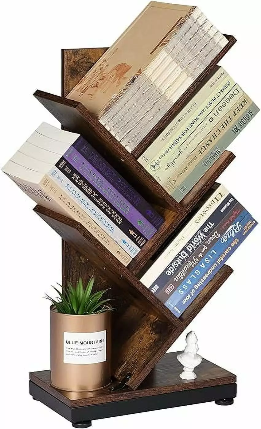 4-Shelf Tree Bookshelf 24.1-Inch Retro Floor Standing Bookcase CDs Magazines Books Gray Storage Shelves Ruboka