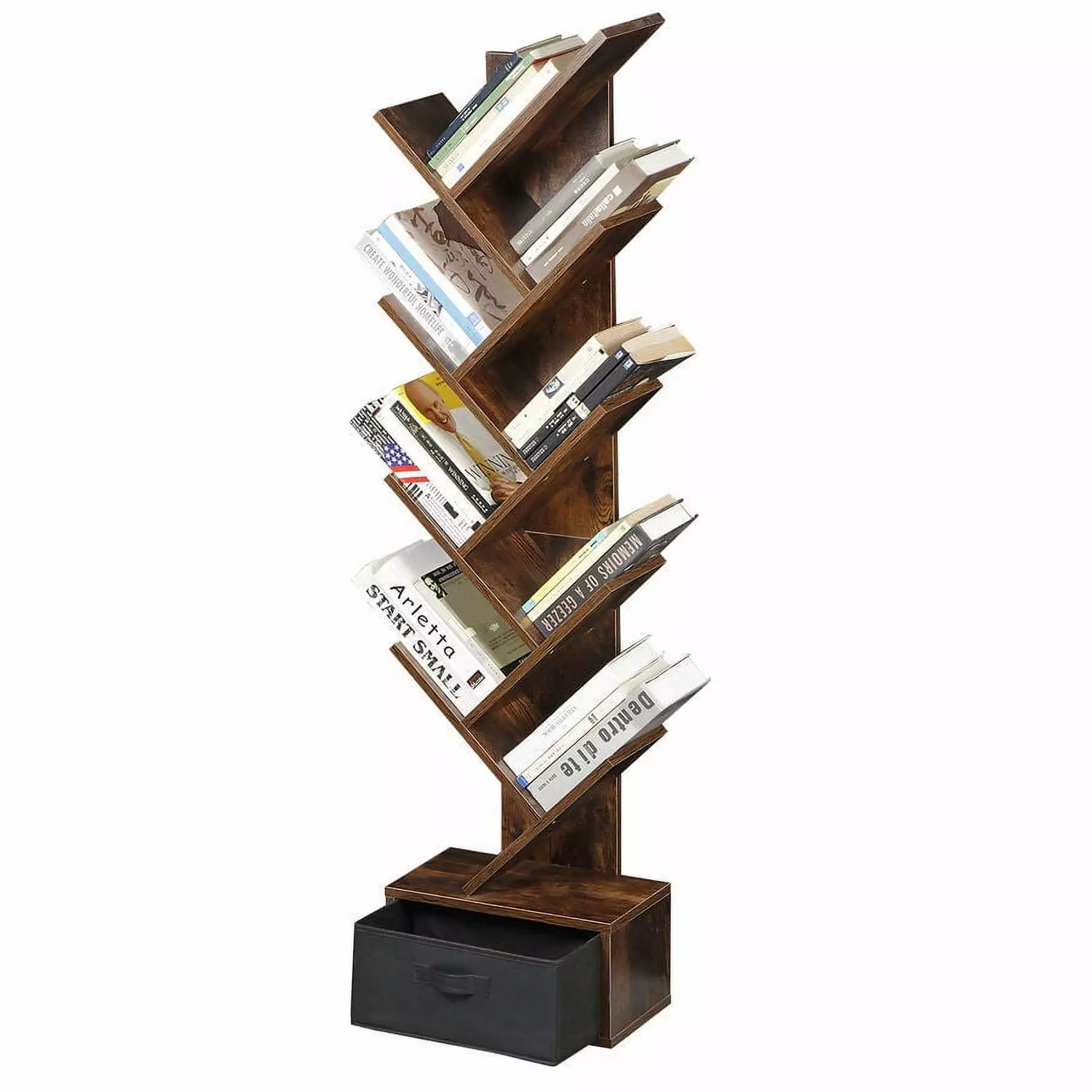 9-Tier Floor Standing Tree Bookshelf Drawer Bookcase Storage Living Room Bedroom Home Office Segawe