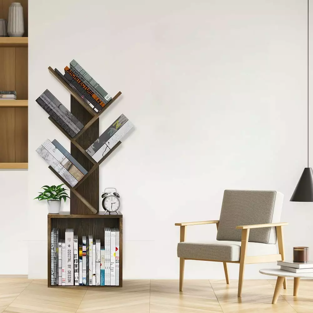 6-Tier Free Standing Tree Bookshelf Artistic Book Organizer Unit Walnut Finish Living Room Office Tinkercad