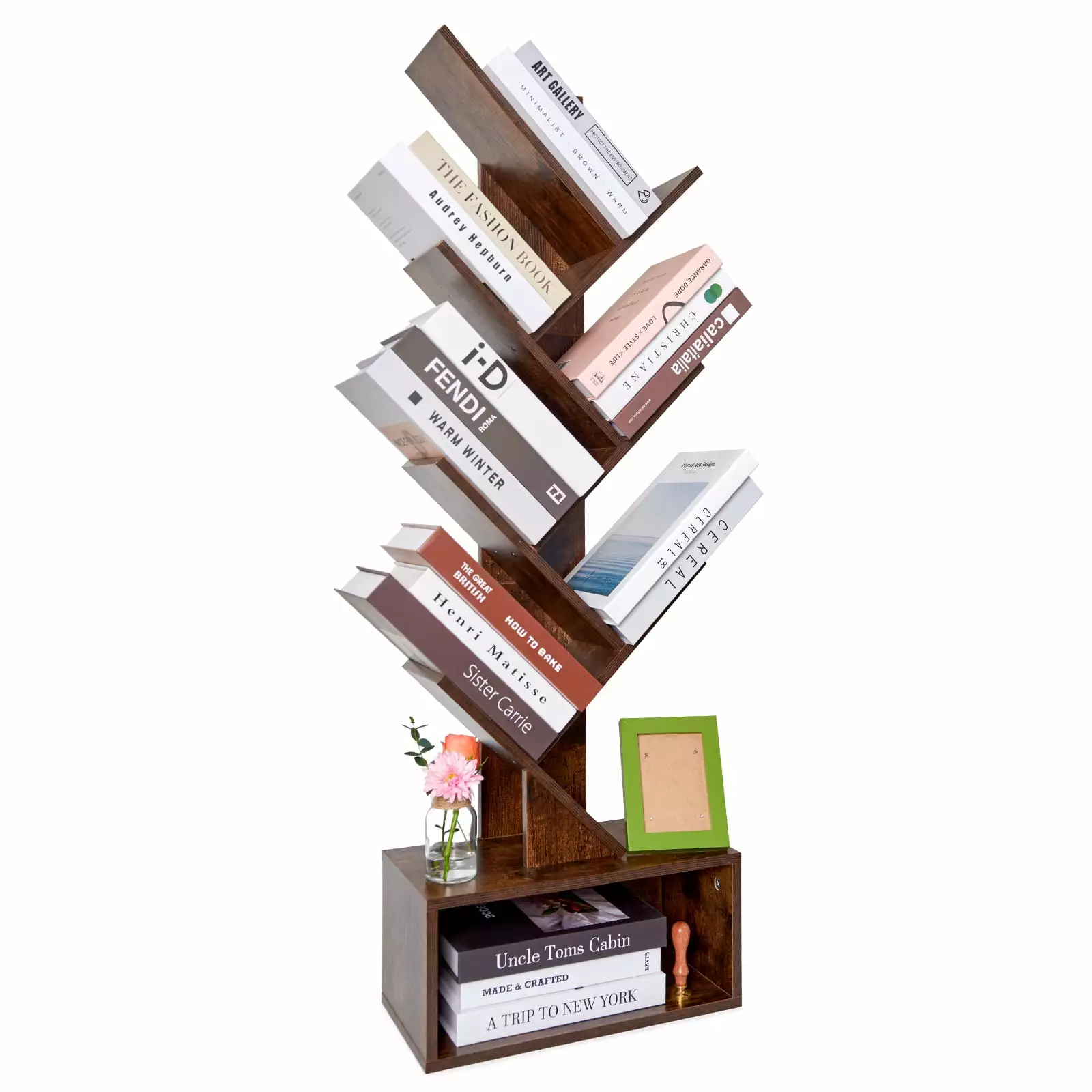 XXXFLOWER Tree Bookshelf Storage Cabinet 6 Tier Modern Floor Standing Bookcase Organizer Brown