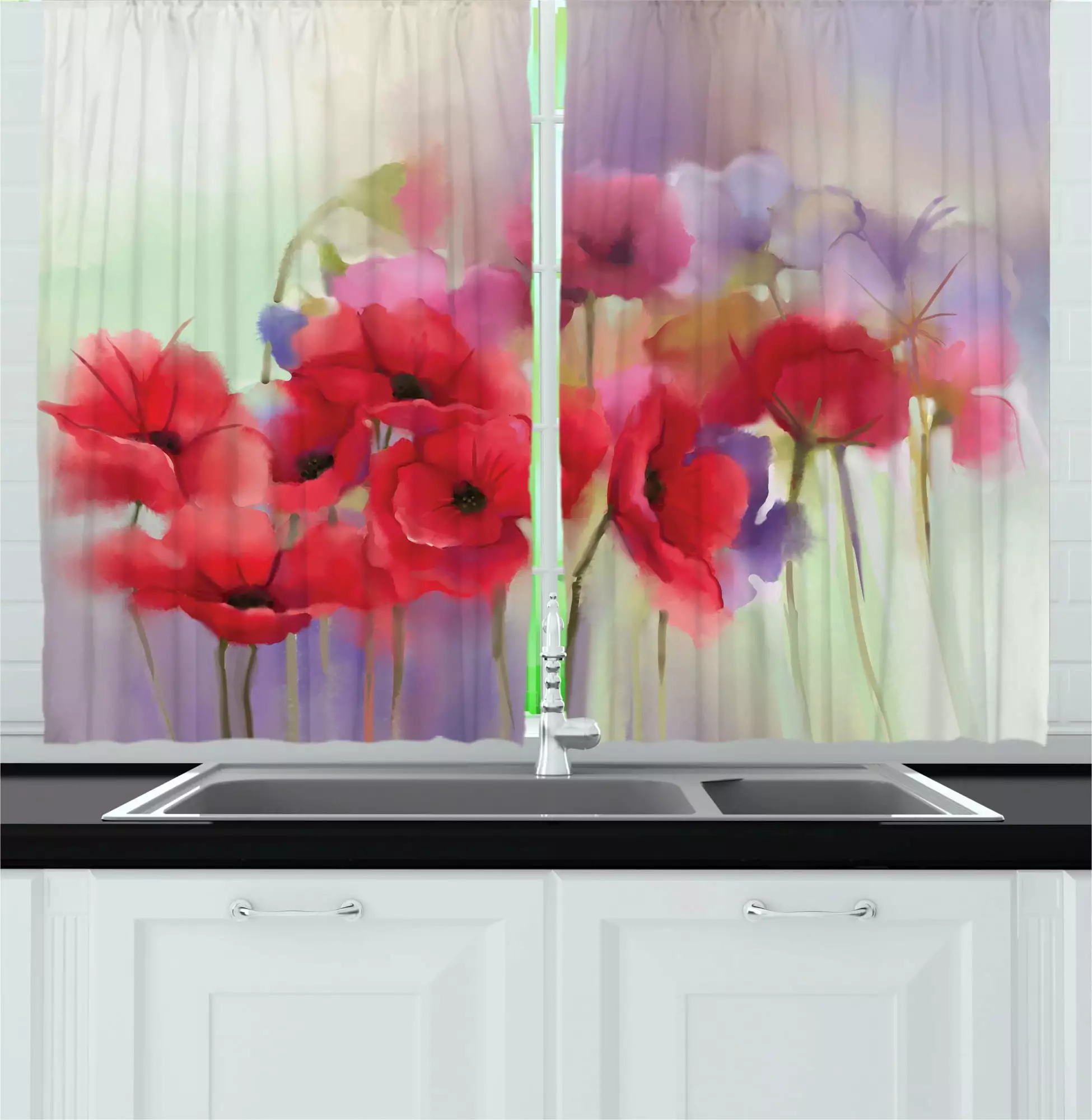 Ambesonne Poppy Flower Kitchen Curtains Spring Flowers Romance 55x45 Lavender and Red