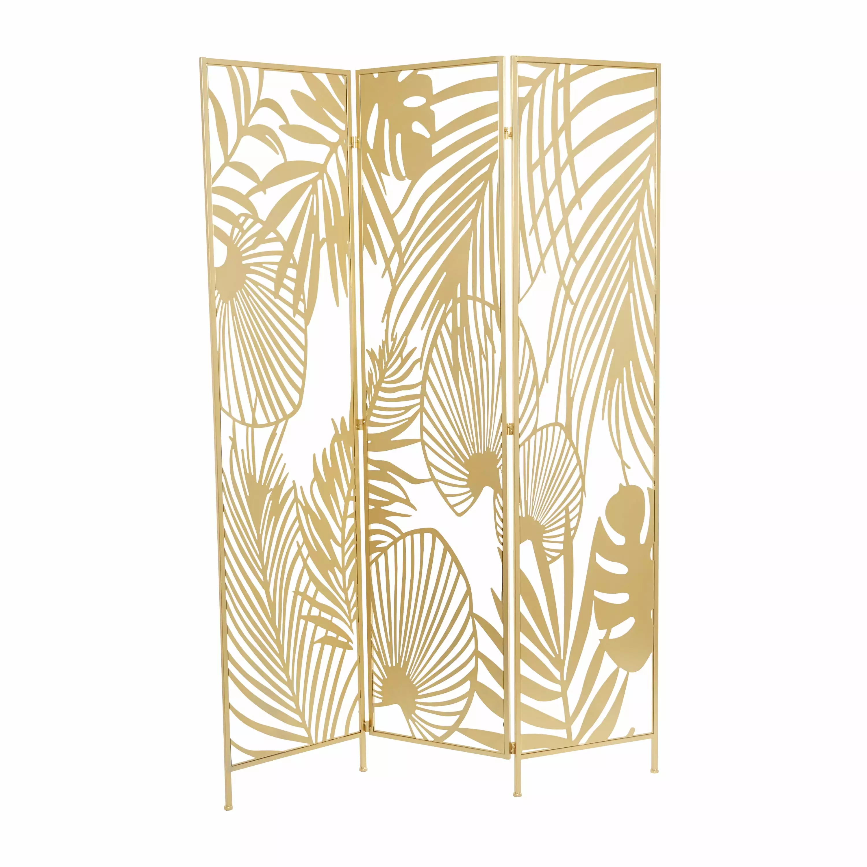 DecMode 48 x 71 Gold Metal Hinged Foldable Partition 3 Panel Room Divider Screen Palm Leaf Patterns. 1-Piece