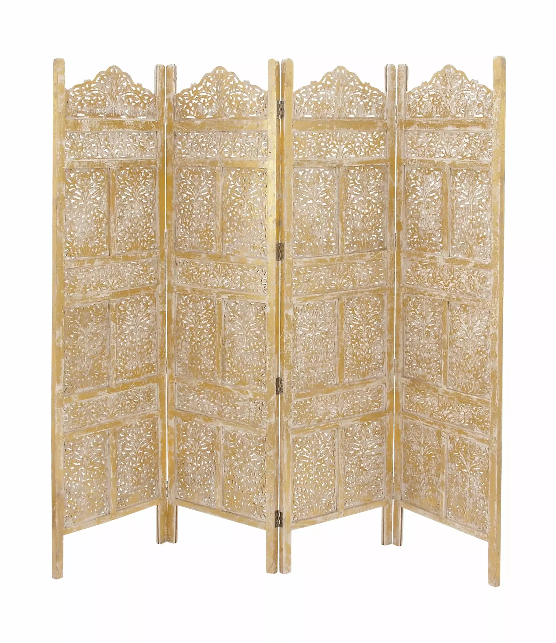 DecMode 80 x 71 Gold Wooden Floral Handmade Foldable Partition 4 Panel Room Divider Screen Foiled Intricately Carved Desig...