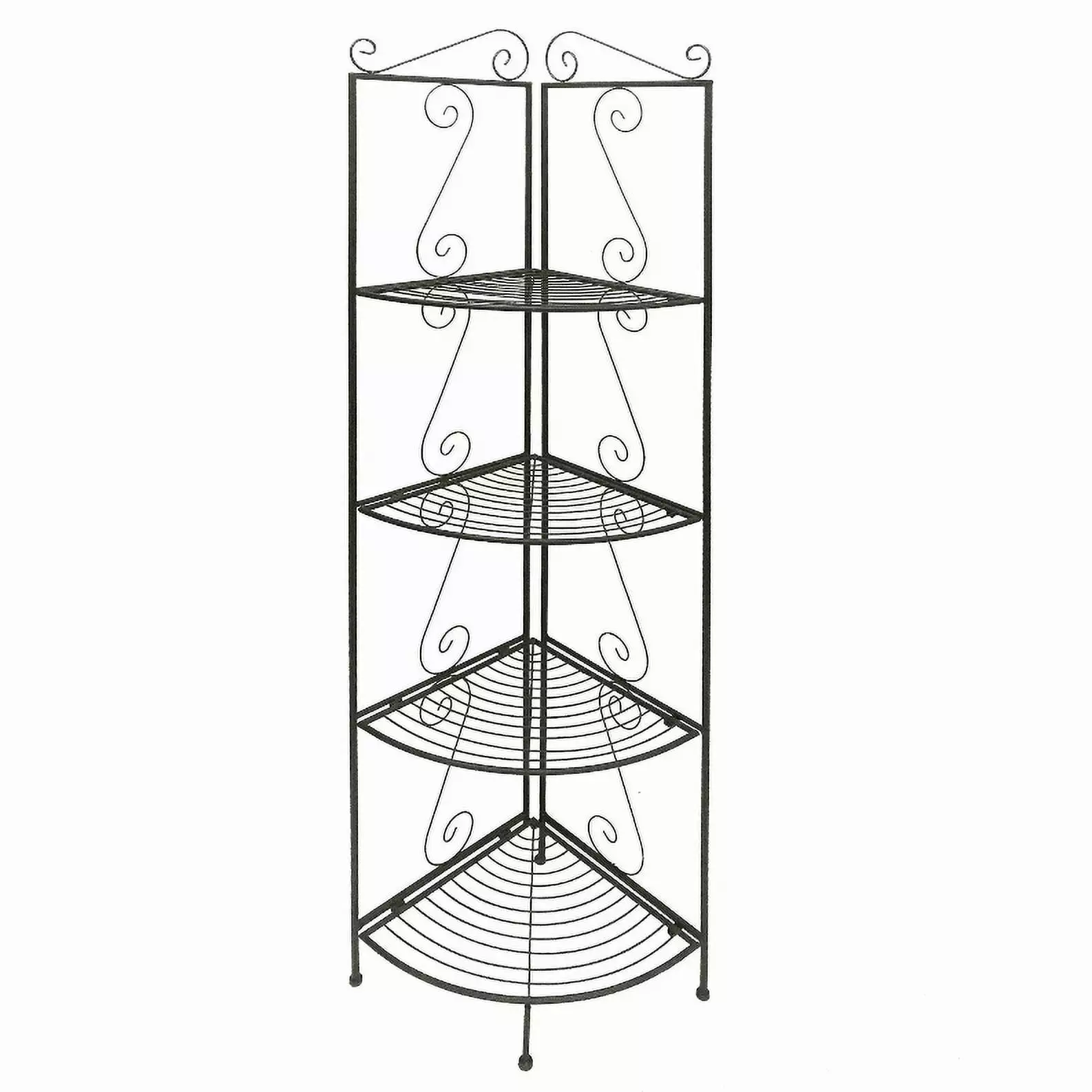 Four Tier Metal Foldable Corner Bookcase Decorative Scrolled Details Black Benzara