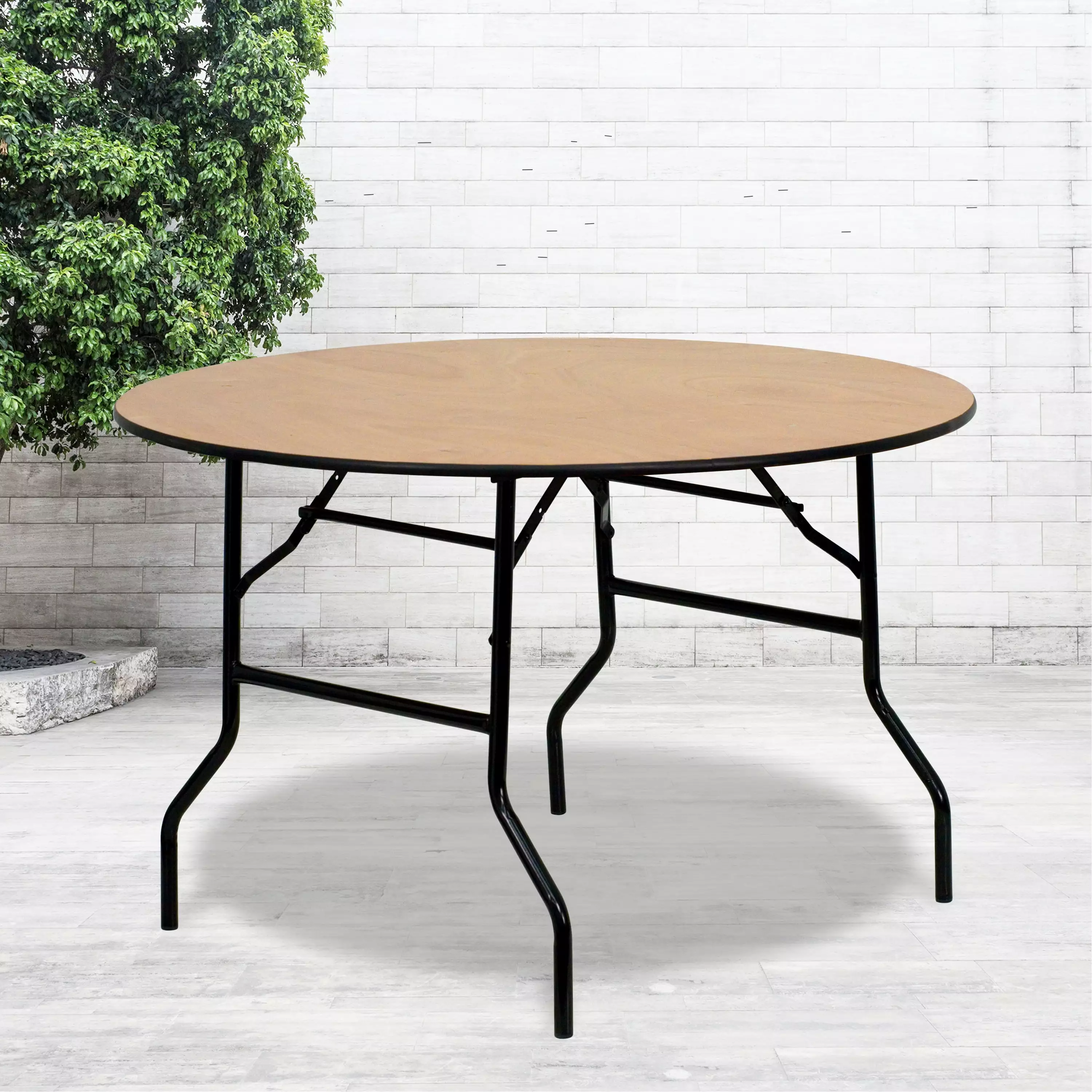 Emma + Oliver 4-Foot Round Wood Folding Banquet Table Clear Coated Finished Top - Elegant Event Table