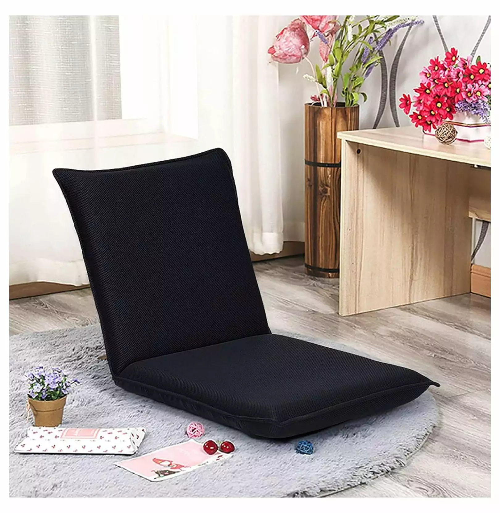 Drevy Folding Floor Chair 6-Position Adjustable Meditation Chair Video Gaming Chair Back Support Reading TV Watching Black